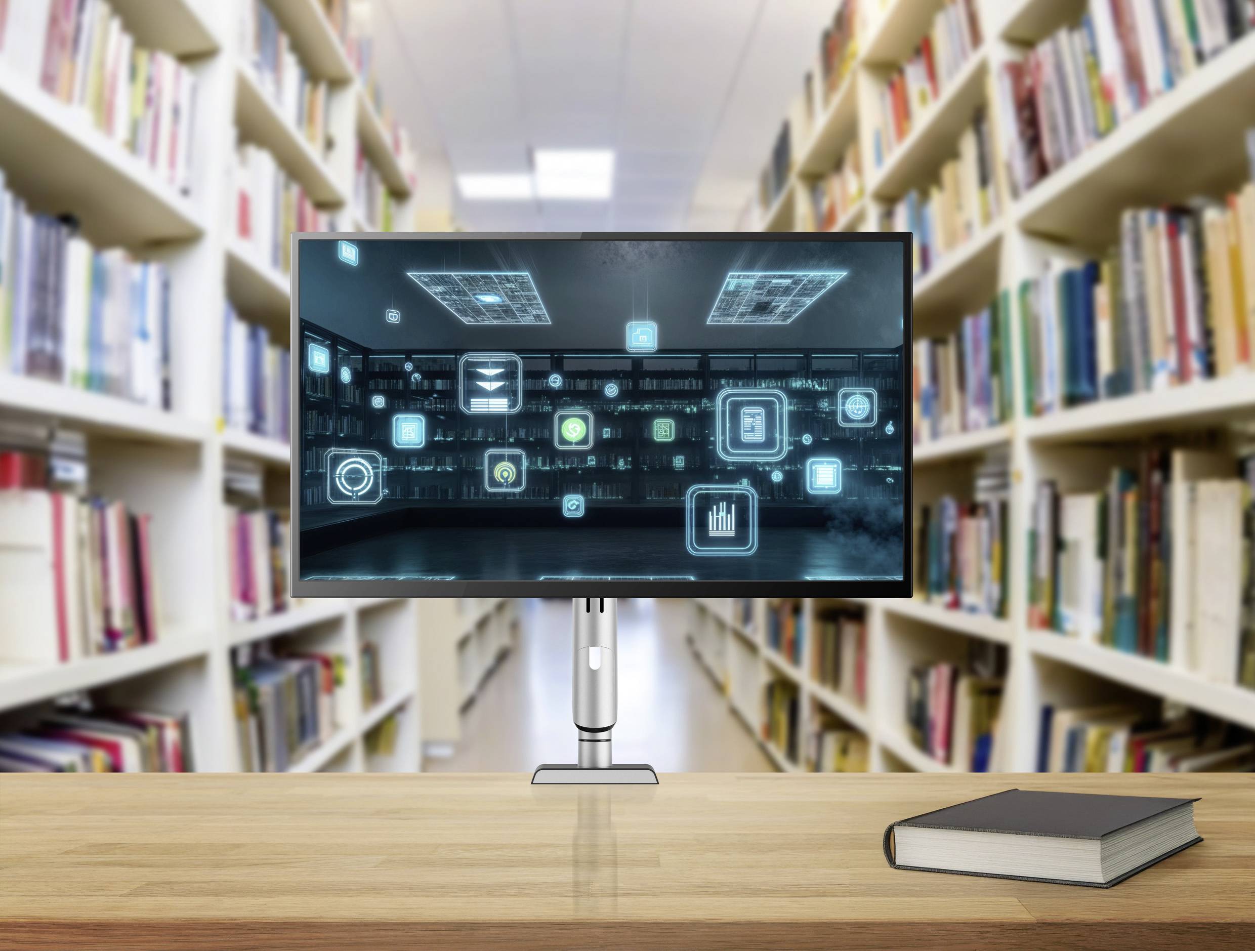 Monitor na knižničnom pulte zobrazuje digitálne ikony, čo naznačuje tému integrácie technológií do vzdelávania. Neďaleko leží kniha.