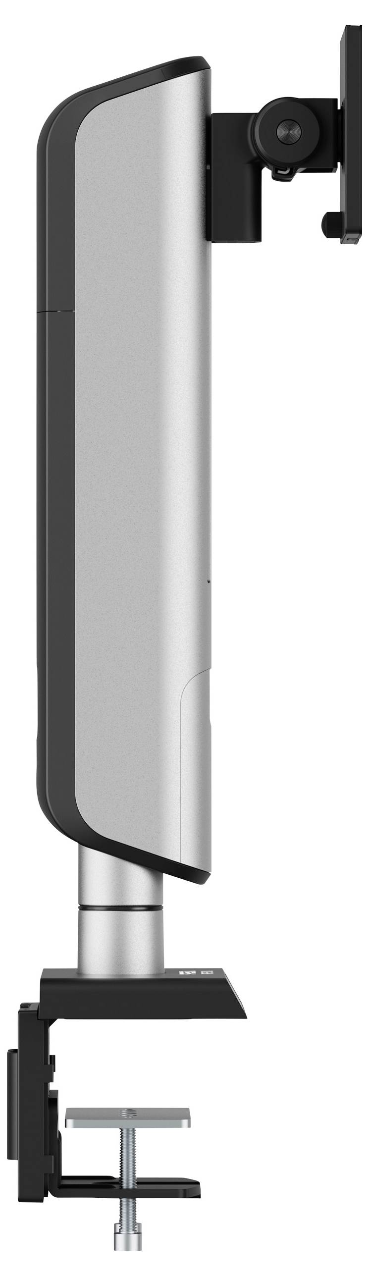 Stolový monitor na svorke, pohľad zboku, znázorňujúci nastaviteľné rameno a pružinový mechanizmus navrhnutý pre ergonomické umiestnenie monitorov na pracovných stoloch.