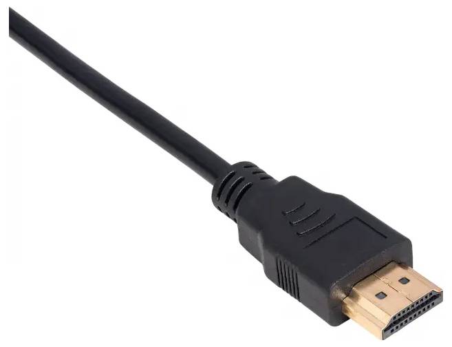 Čierny HDMI kábel so zlatým konektorom, ktorý slúži na prenos audio a video signálov.