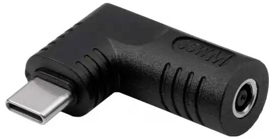 Čierny 90-stupňový uhlový adaptér s USB-C konektorom na jednej strane a 3,5 mm slúchadlovou zásuvkou na druhej strane.