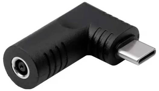 Čierny adaptér s 90-stupňovým uhlom, ktorý spája USB-C s okrúhlym konektorom.