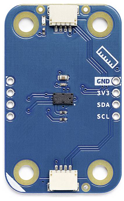 Modrý modul dosky plošných spojov s malými elektronickými komponentmi a popiskami: 'GND', '3V3', 'SDA', 'SCL'.