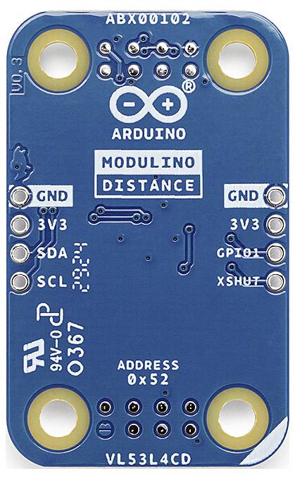 Elektronický modul s nápisom 'ARDUINO MODULINO DISTANCE'. Obsahuje konektory pre GND, 3V3, SDA, SCL, GPIO1, XSHUT.