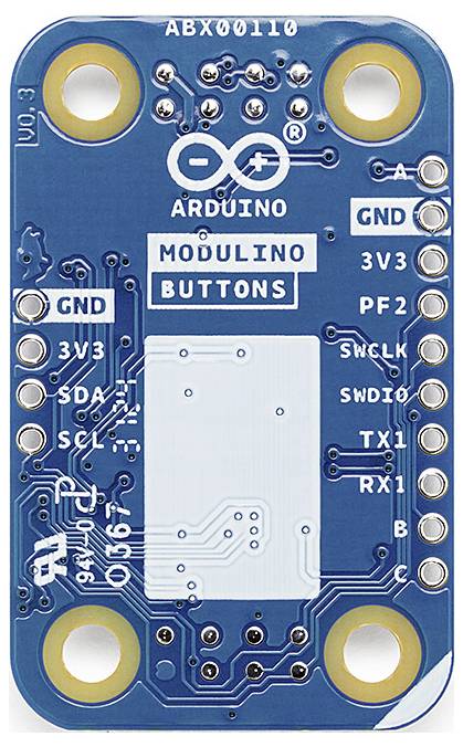 Modrá Arduino doska s nápisom 'MODULINO' a 'BUTTONS', s viacerými konektormi a spájkovacími bodmi pre elektronické komponenty.