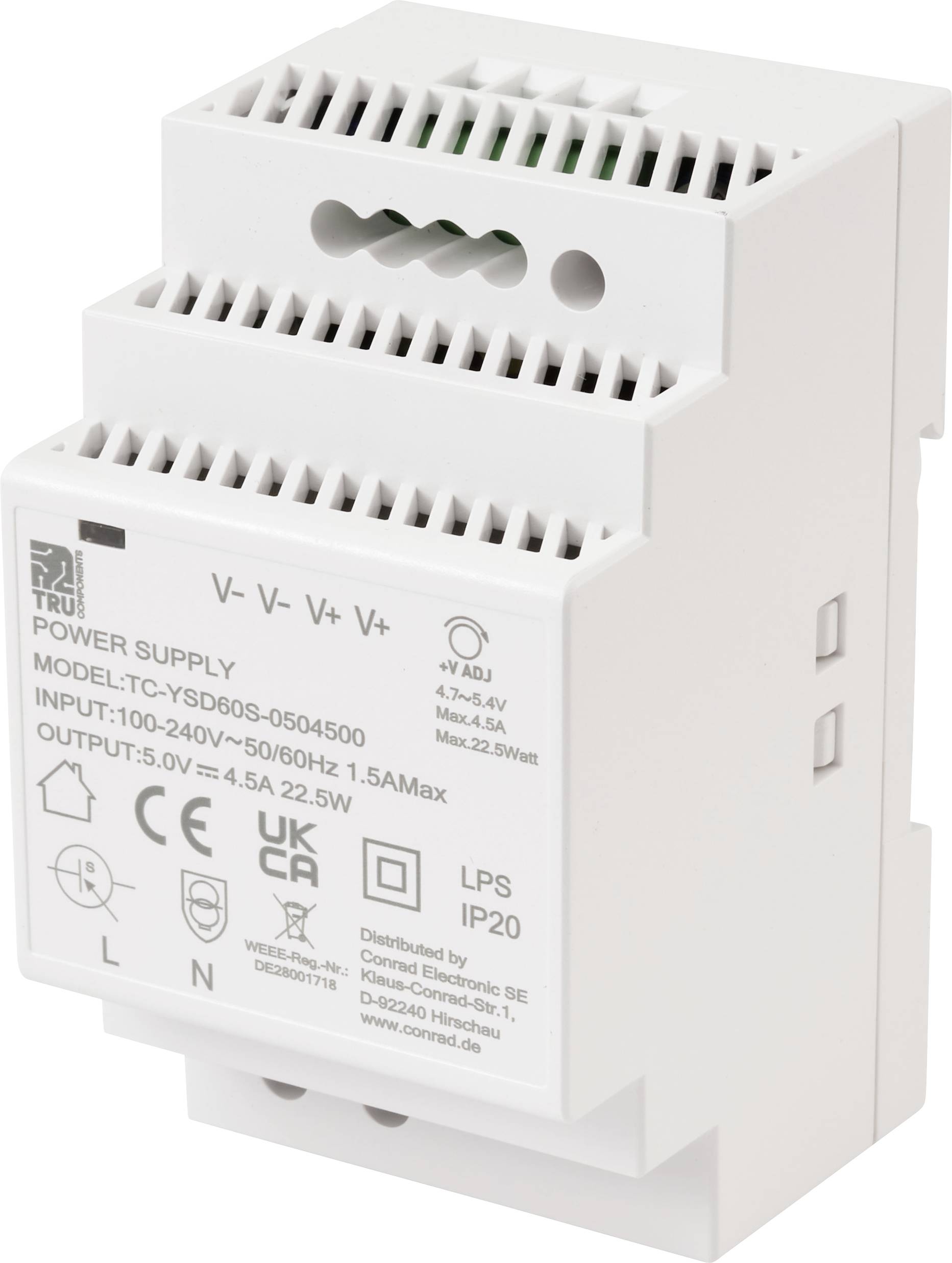 Biely uzavretý elektronický napájací modul, označený 'POWER SUPPLY' so specifikáciami vrátane vstupného a výstupného napätia a prúdu.