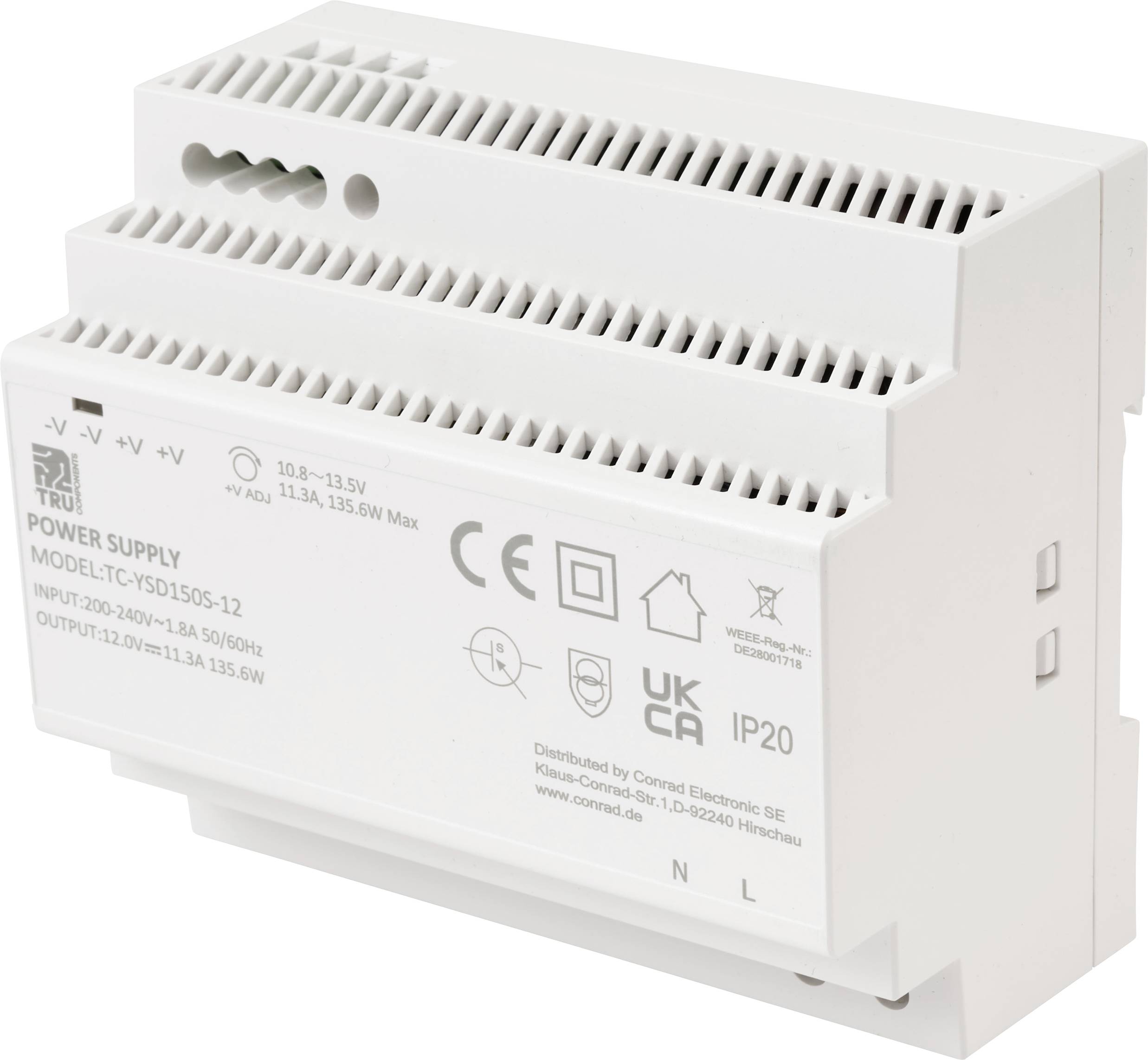 TRU COMPONENTS TC-13710892 DIN-rail netvoeding Verbruik (stand-by) 0.3 W 12 V/DC 11.3 A 135.6 W Aantal uitgangen:1 x Inhoud 1 stuk(s)
