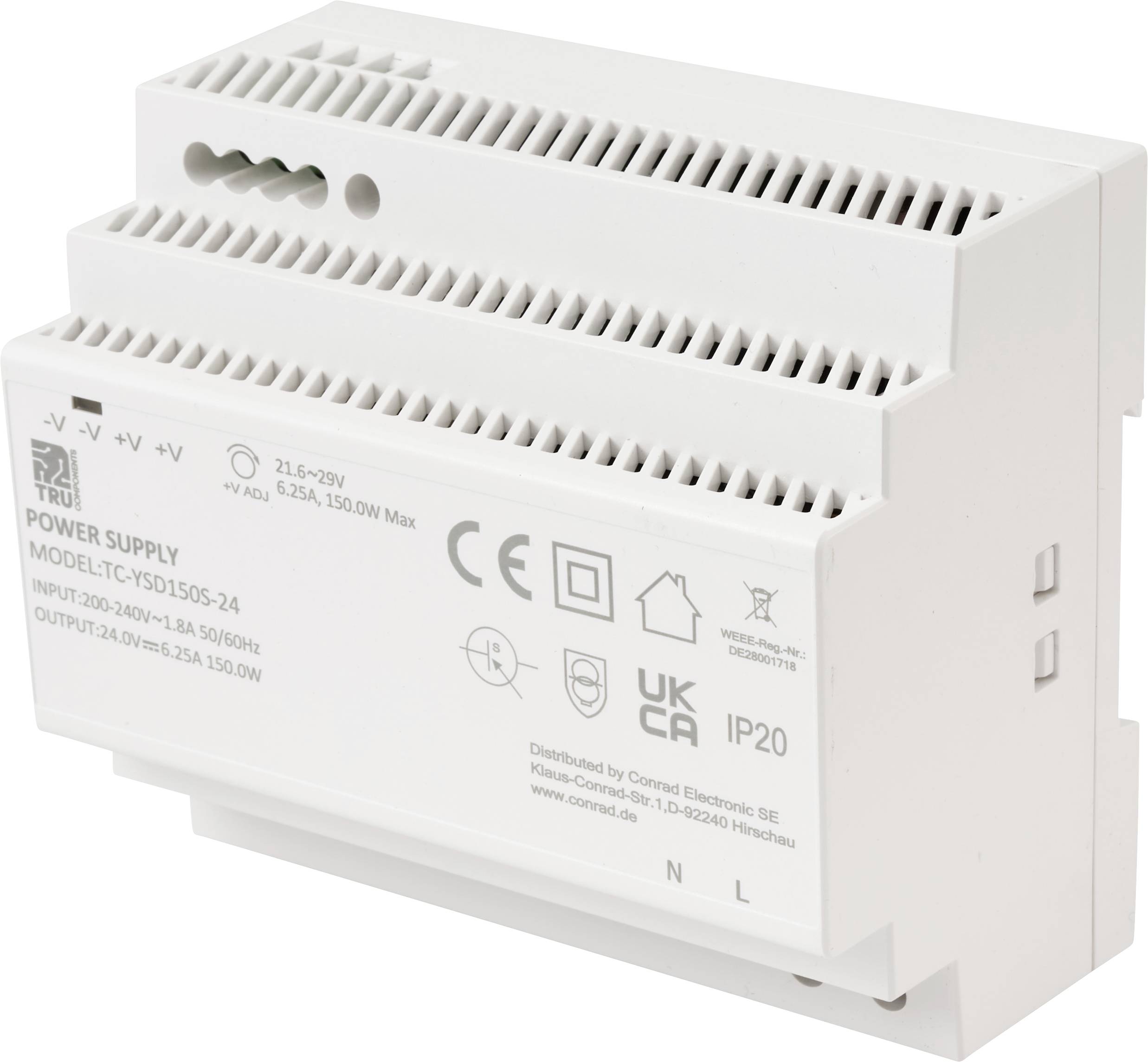 TRU COMPONENTS TC-13710896 DIN-rail netvoeding Verbruik (stand-by) 0.3 W 24 V/DC 6.25 A 150 W Aantal uitgangen:1 x Inhoud 1 stuk(s)