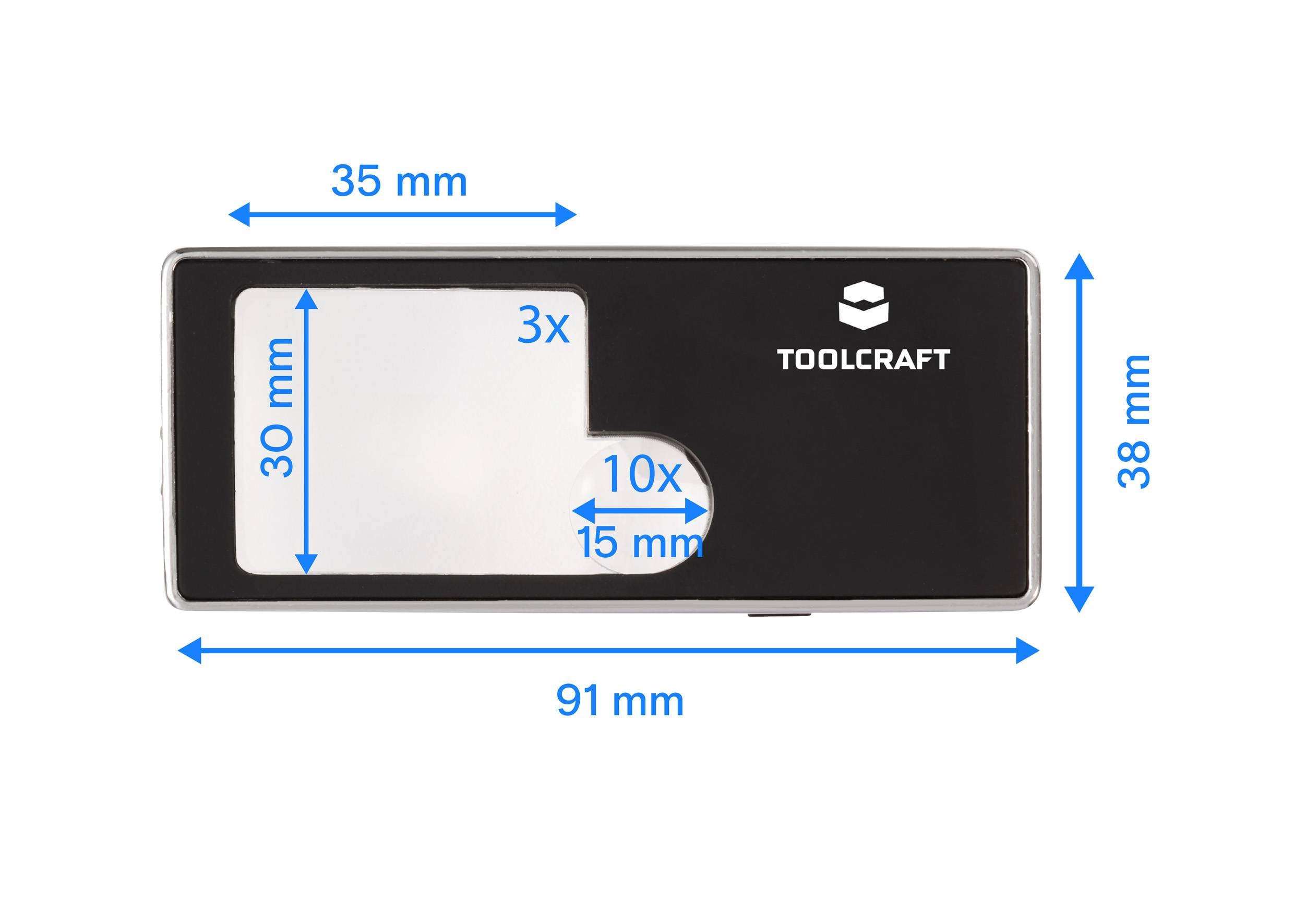 Lupa so zväčšením 3x, 10x a 15x, značka 'Toolcraft'. Rozmery: šírka 91 mm, výška 38 mm, pozorovacia plocha 35 mm x 30 mm.