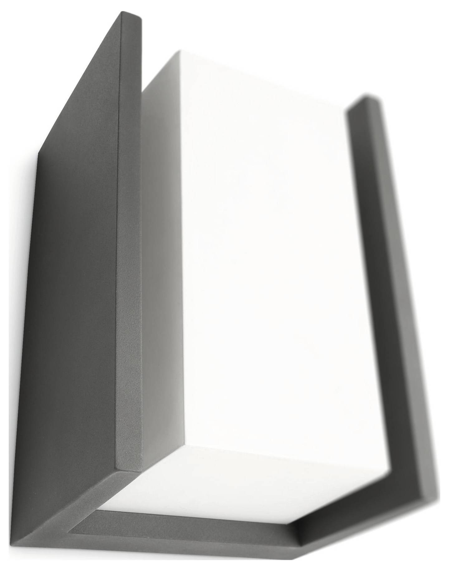 Moderná nástenná lampa s obdĺžnikovým, bielym tienidlom a čiernym držiakom, pohľad šikmo zdola.