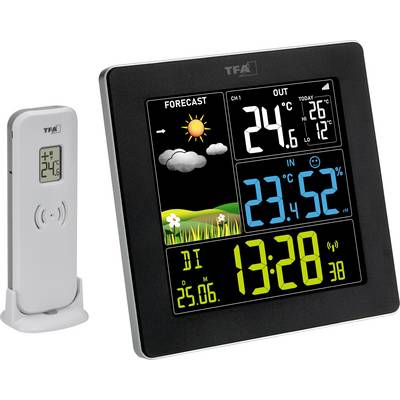 Displej digitálnej meteorologickej stanice zobrazuje vnútornú a vonkajšiu teplotu, vlhkosť vzduchu, predpoveď počasia so slnkom a oblakmi, dátum a čas.