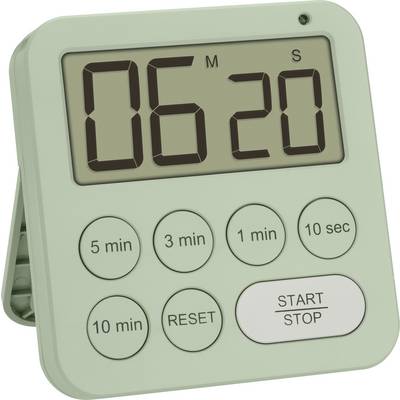 Digitálny kuchynský časovač s displejom zobrazuje '06 M 20 S'. Šesť tlačidiel pre nastavenie času a ovládanie: '5 min', '3 min', '1 min', '10 sec', '10 min', 'START/STOP'.