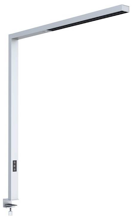 Moderná, štíhla stolová lampa s obdĺžnikovou hlavicou svetla, nastaviteľným ramenom a ovládacím panelom na podstavci. Ideálna na pracovné miesta.