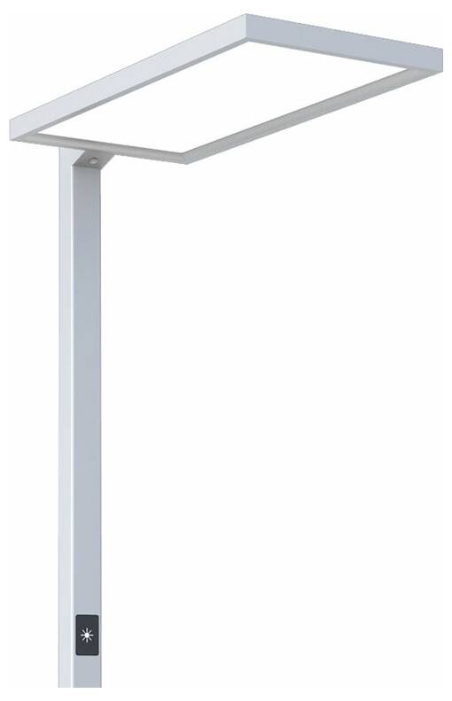 Moderná biela LED stojanová lampa s obdĺžnikovým tienidlom a úzkym kovovým stojanom. Ideálna do kancelárskych alebo obytných priestorov.