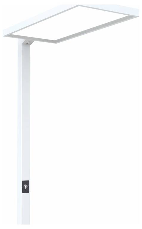 Biela, moderná stojanová lampa so štvorcovým svetelným poľom a štíhlym podstavcom; energeticky efektívna a minimalistický dizajn.