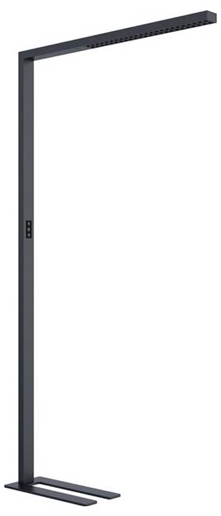 Štíhla, voľne stojaca stojaca lampa s obdĺžnikovým tienidlom v hornej části, v modernom, minimalistickom dizajne.