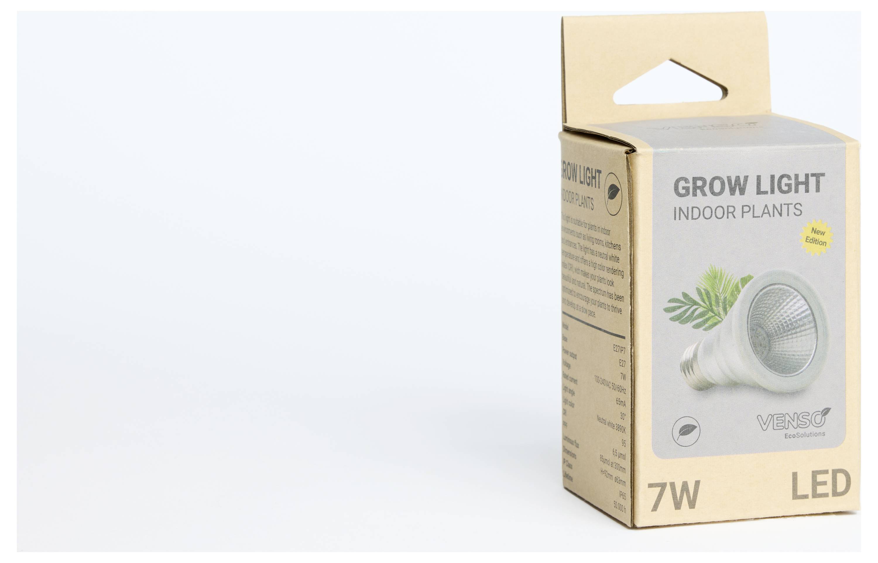 Balenie s nápisom 'GROW LIGHT INDOOR PLANTS 7W LED' stojí na svetlom pozadí. Je špecializované na osvetlenie izbových rastlín.