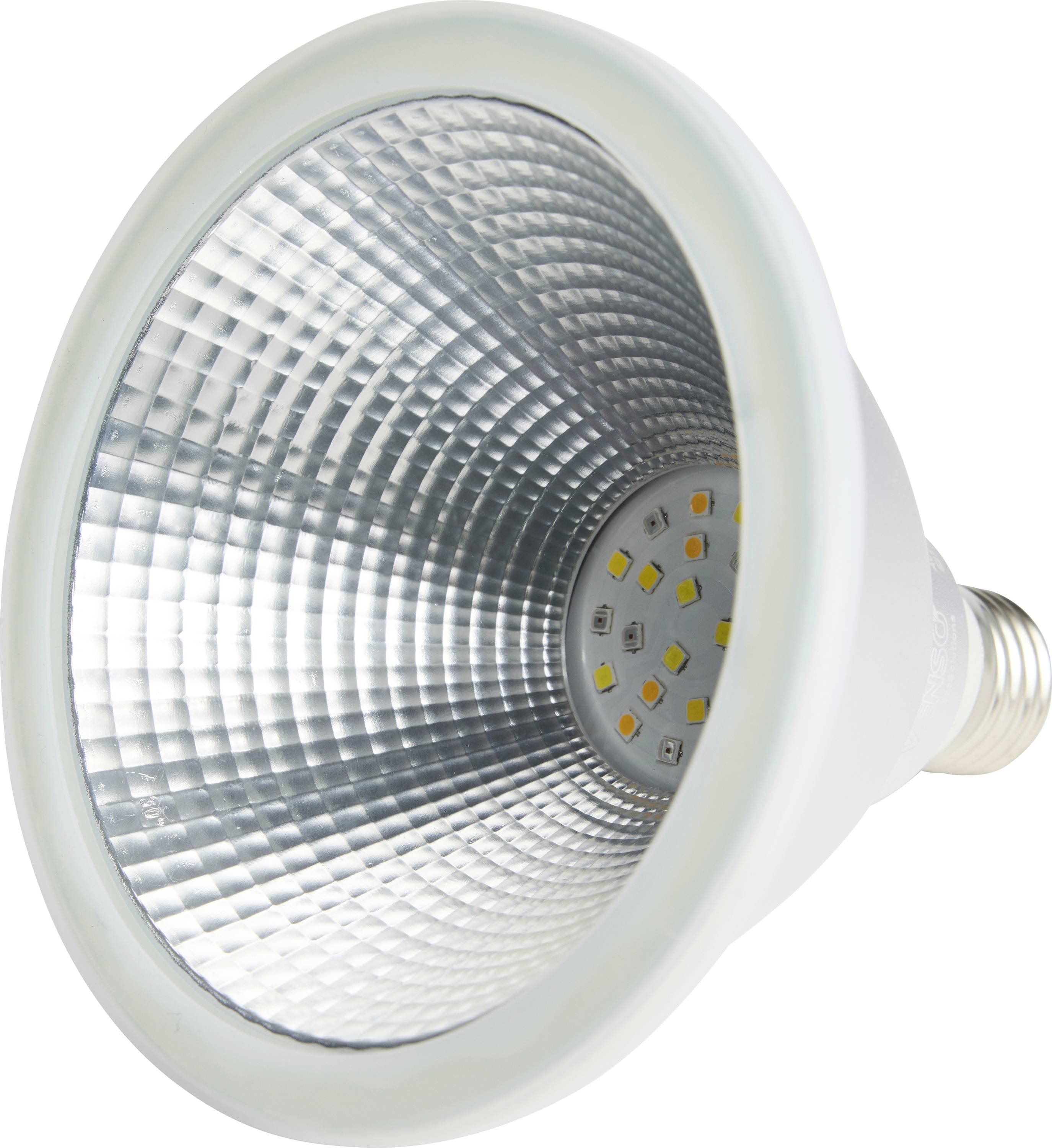 LED-reflektorová žiarovka so strieborným rastrovým zrkadlom a viditeľnými LED čipmi, bočný pohľad.
