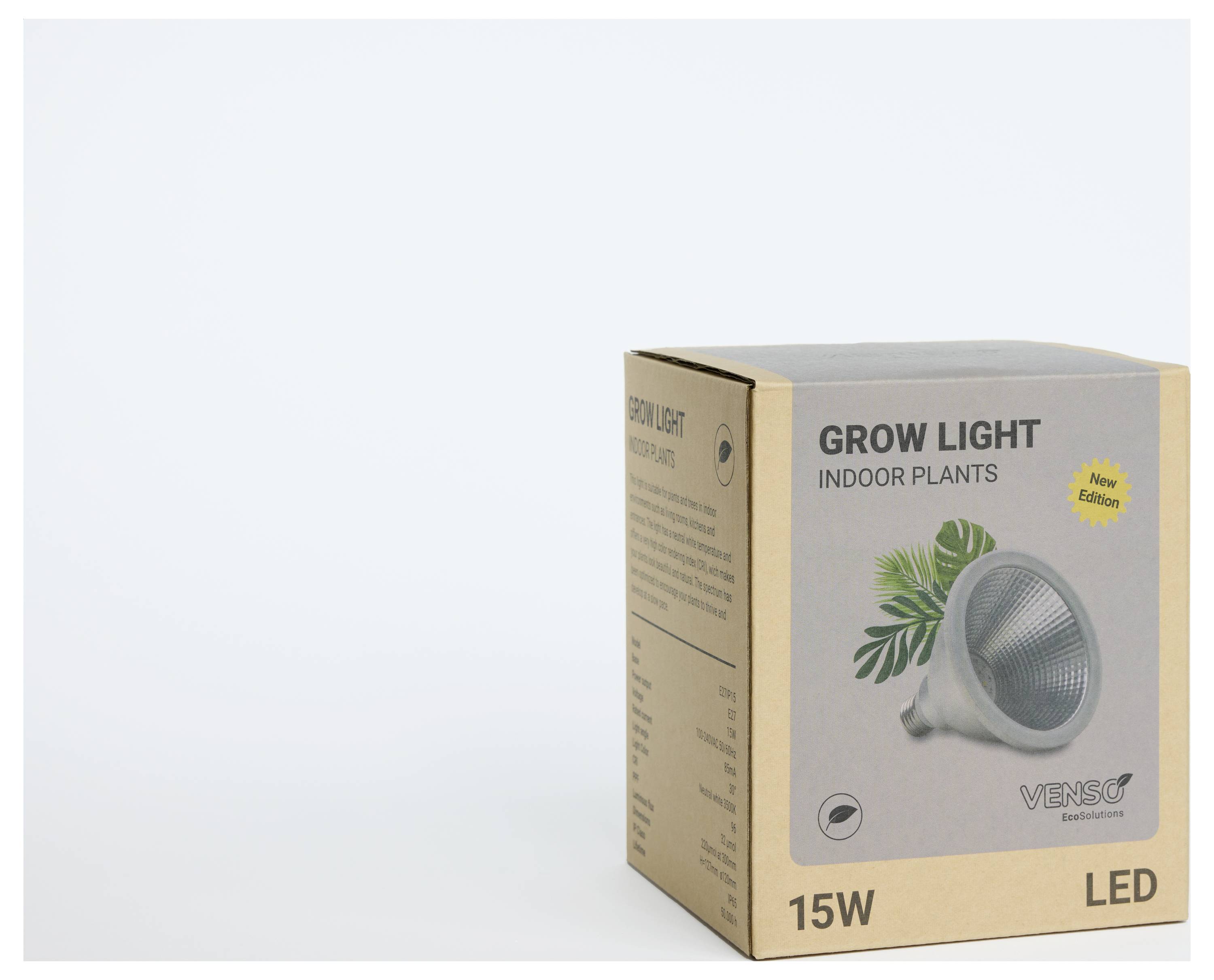 Kartónové balenie pre LED pestovateľskú lampu, vhodnú pre izbové rastliny, s nápisom '15W LED Grow Light'.