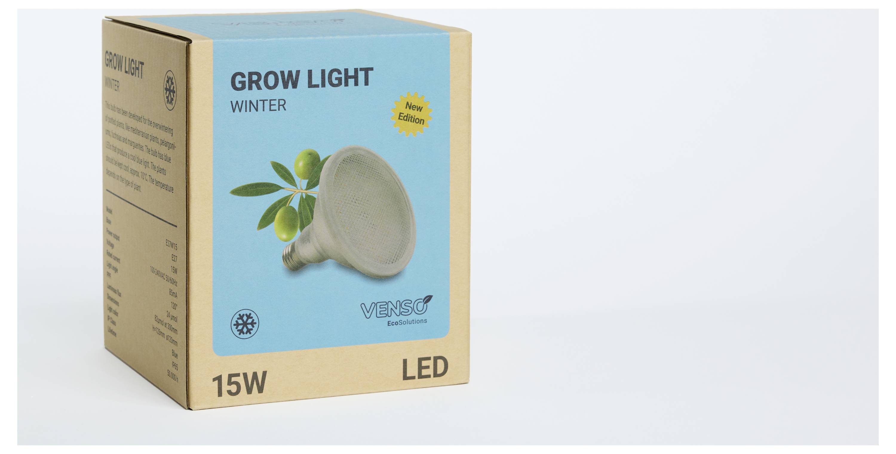 Balenie s nápisom 'GROW LIGHT WINTER', zobrazuje LED žiarovku s 15W. Označenie 'Nová edícia' vpravo hore.