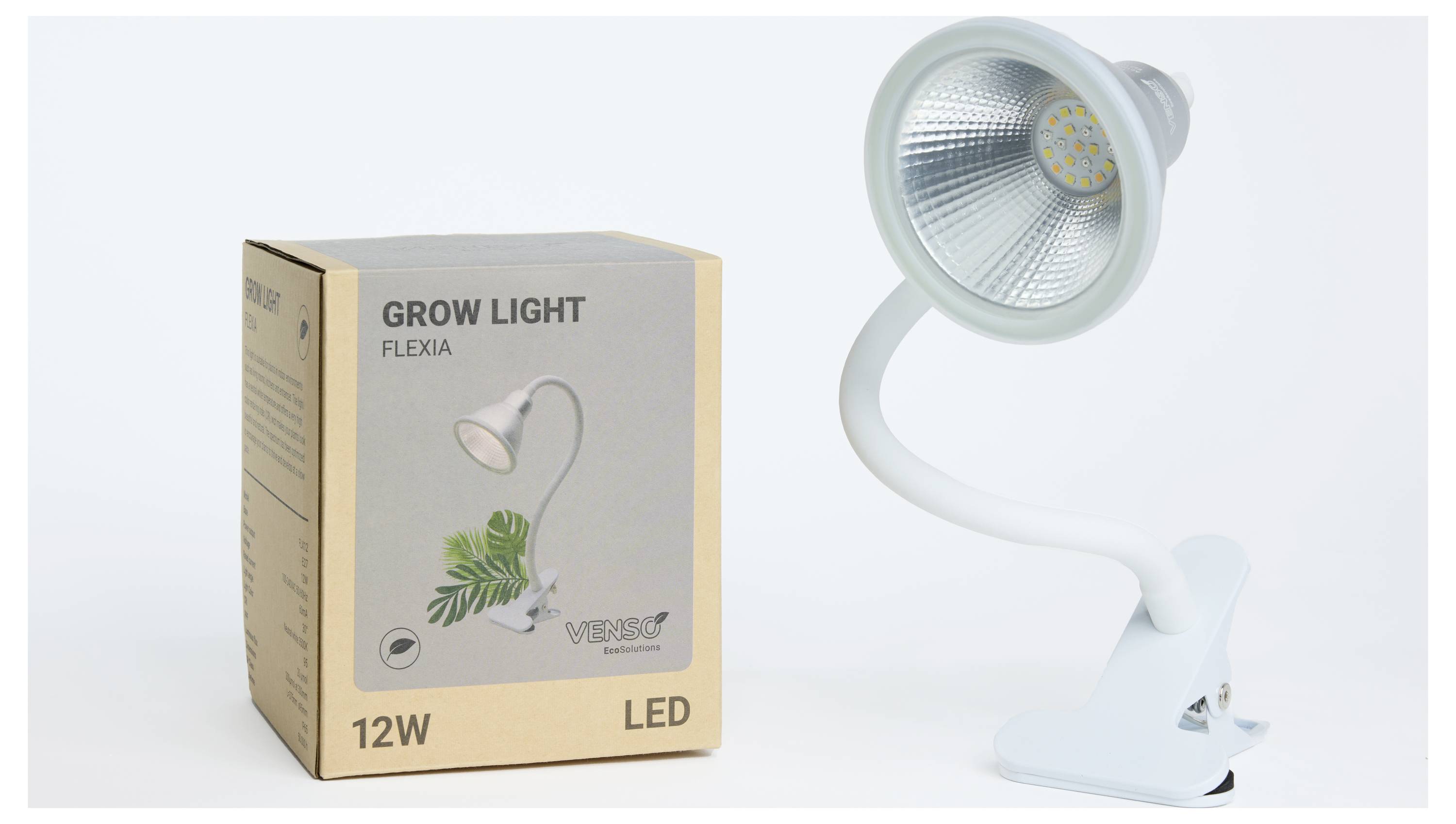 Flexibilná rastlinná lampa a jej balenie. Na balení je napísané 'Grow Light Flexia', 12W, LED.