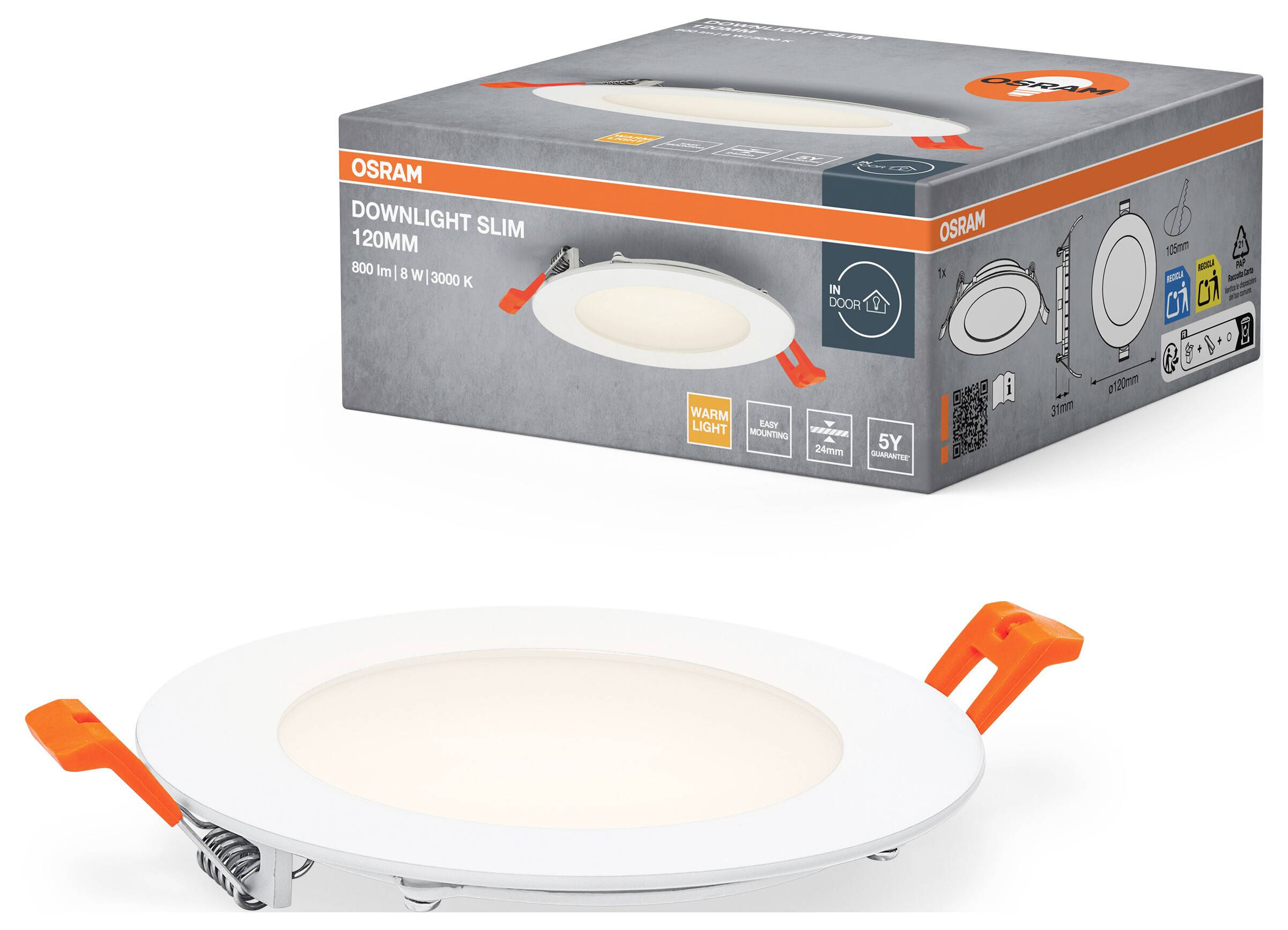 'OSRAM Downlight Slim 120MM' Produktové balenie a svietidlo; LED integrované, 890 lm, 3000K, teplá biela, vhodné pre vnútorné osvetlenie.