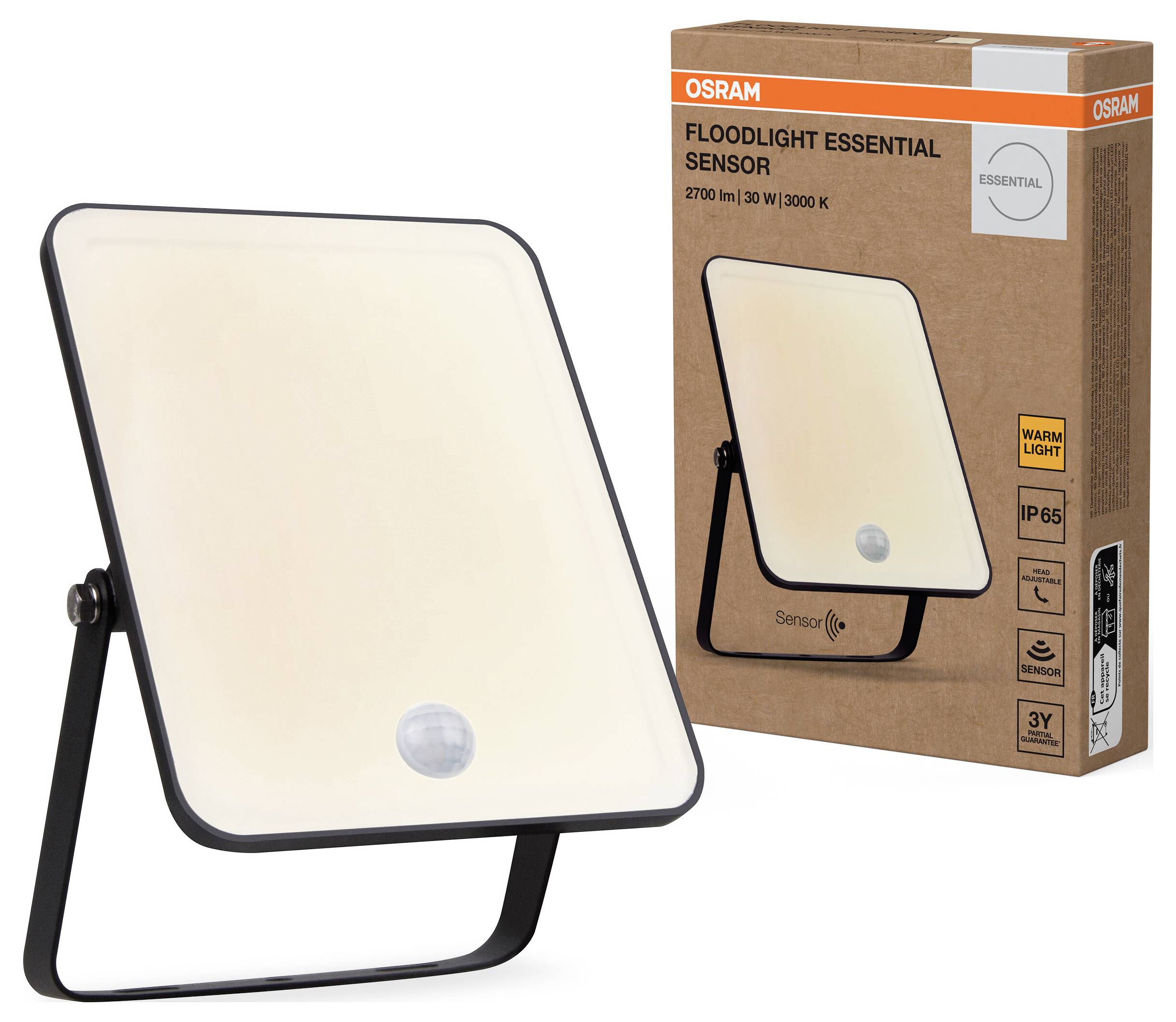 Reflektorové svetlo s pohybovým senzorom vedľa obalu, ktorý zobrazuje 'Floodlight Essential' a detaily ako 2700 lm, 30W, 3000K.
