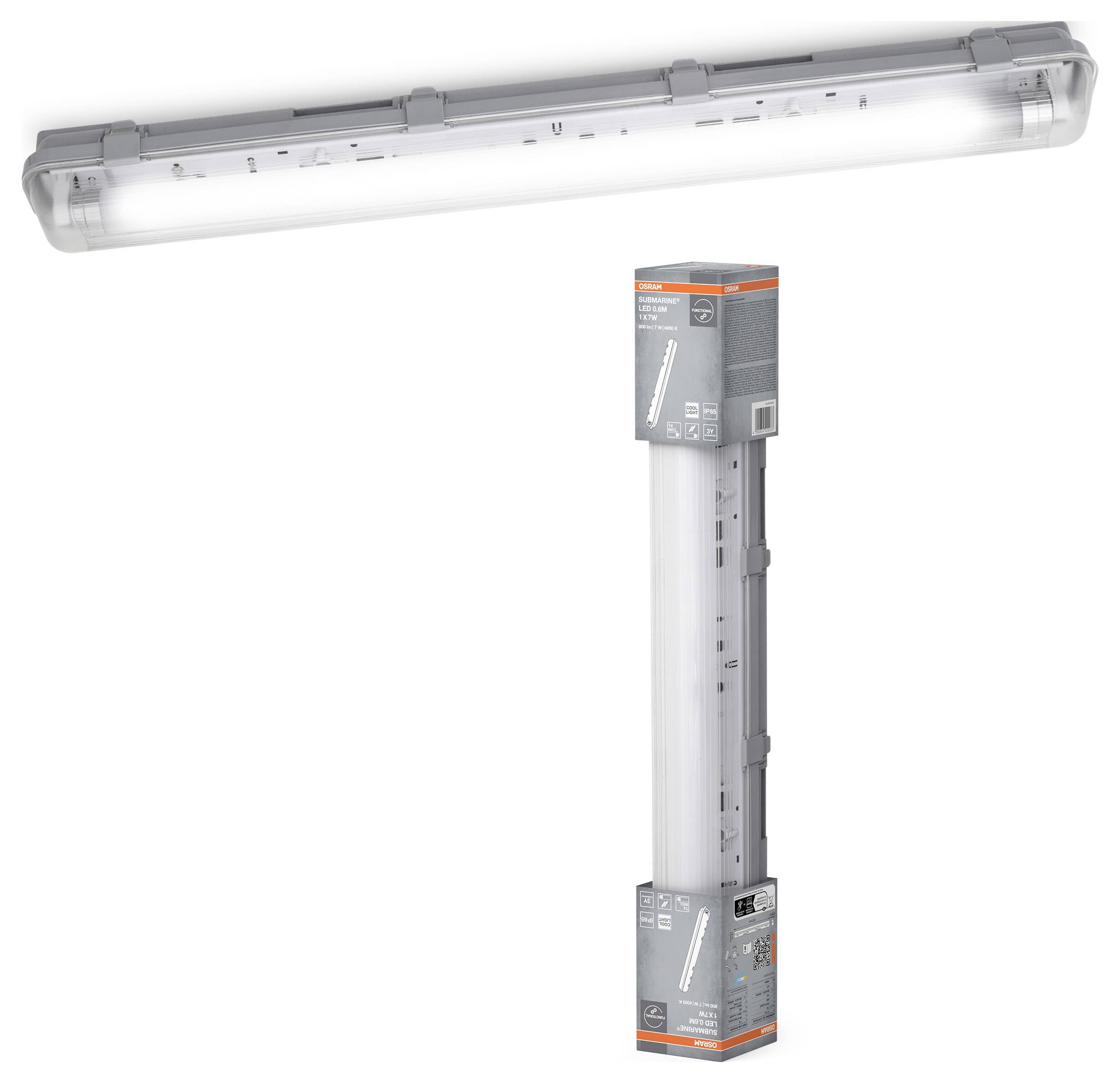 LED trubicové svietidlo so sivým krytom, vhodné na osvetlenie pracoviska. Balenie zobrazuje informácie o produkte a pokyny na montáž.