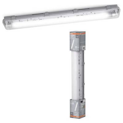 LED trubicové svietidlo so sivým krytom, vhodné na osvetlenie pracoviska. Balenie zobrazuje informácie o produkte a pokyny na montáž.