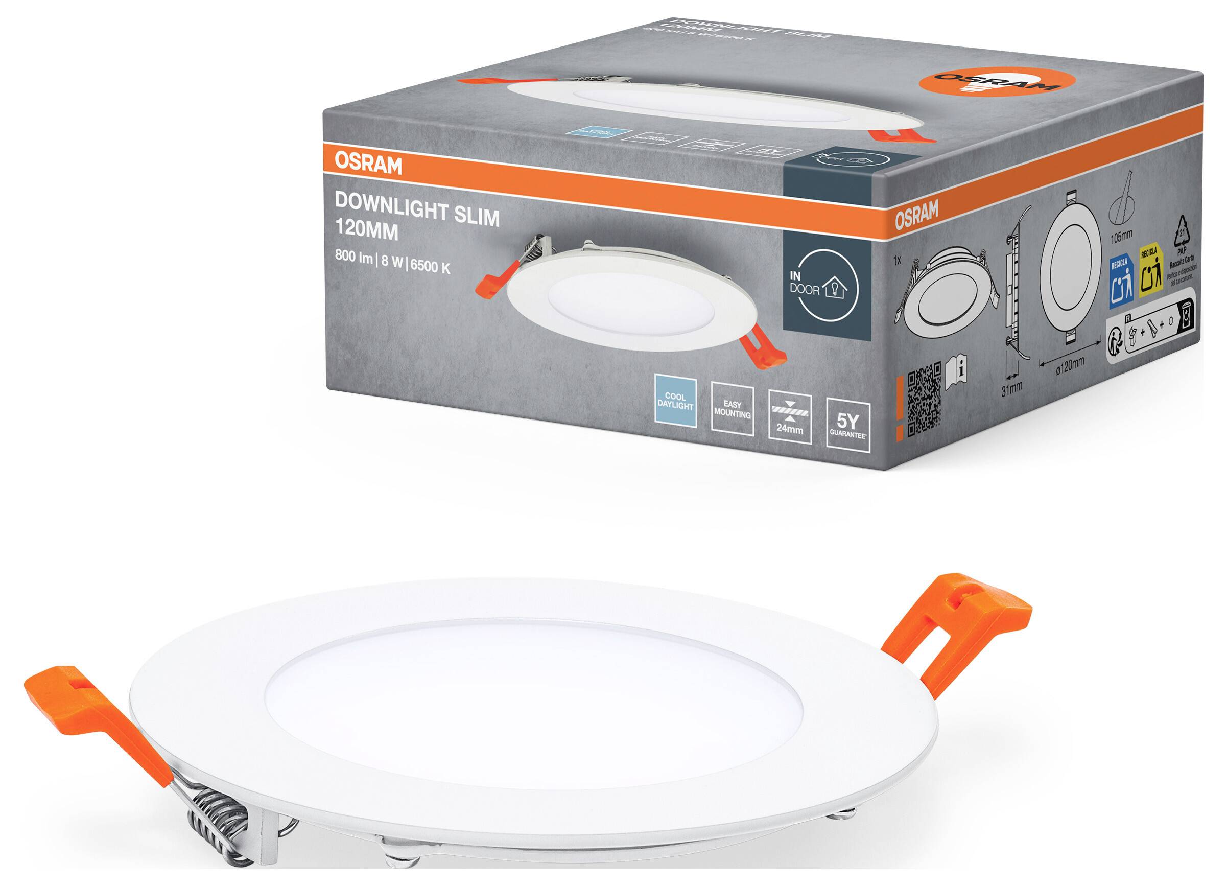 Obrázok zobrazuje svietidlo OSRAM Downlight Slim s obalom. Svietidlo je okrúhle, 120mm, vhodné na stropnú montáž. Na obale sú viditeľné informácie o energetickej účinnosti a produkte.