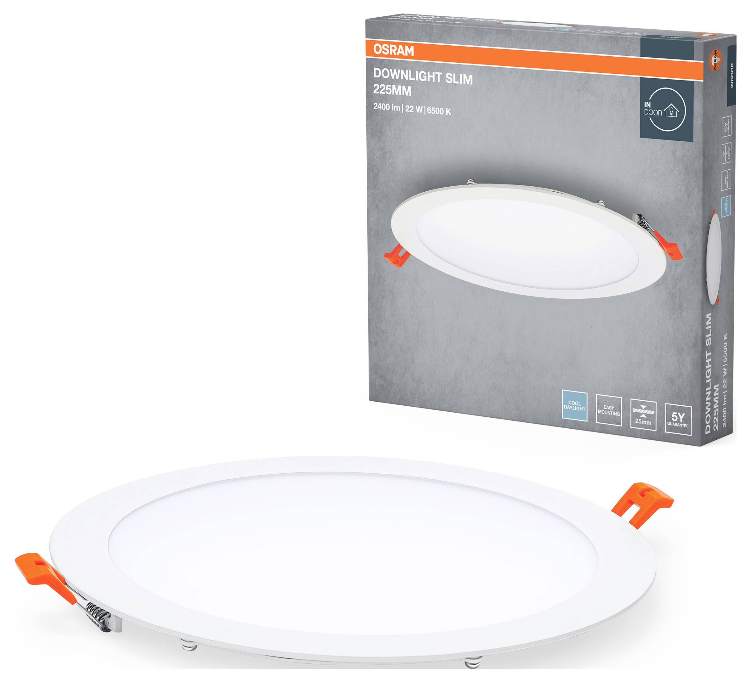 Osram Downlight Slim svietidlo s priemerom 225 mm, 2960 lúmenov, 22 W, 6500 K, zobrazené na obale.