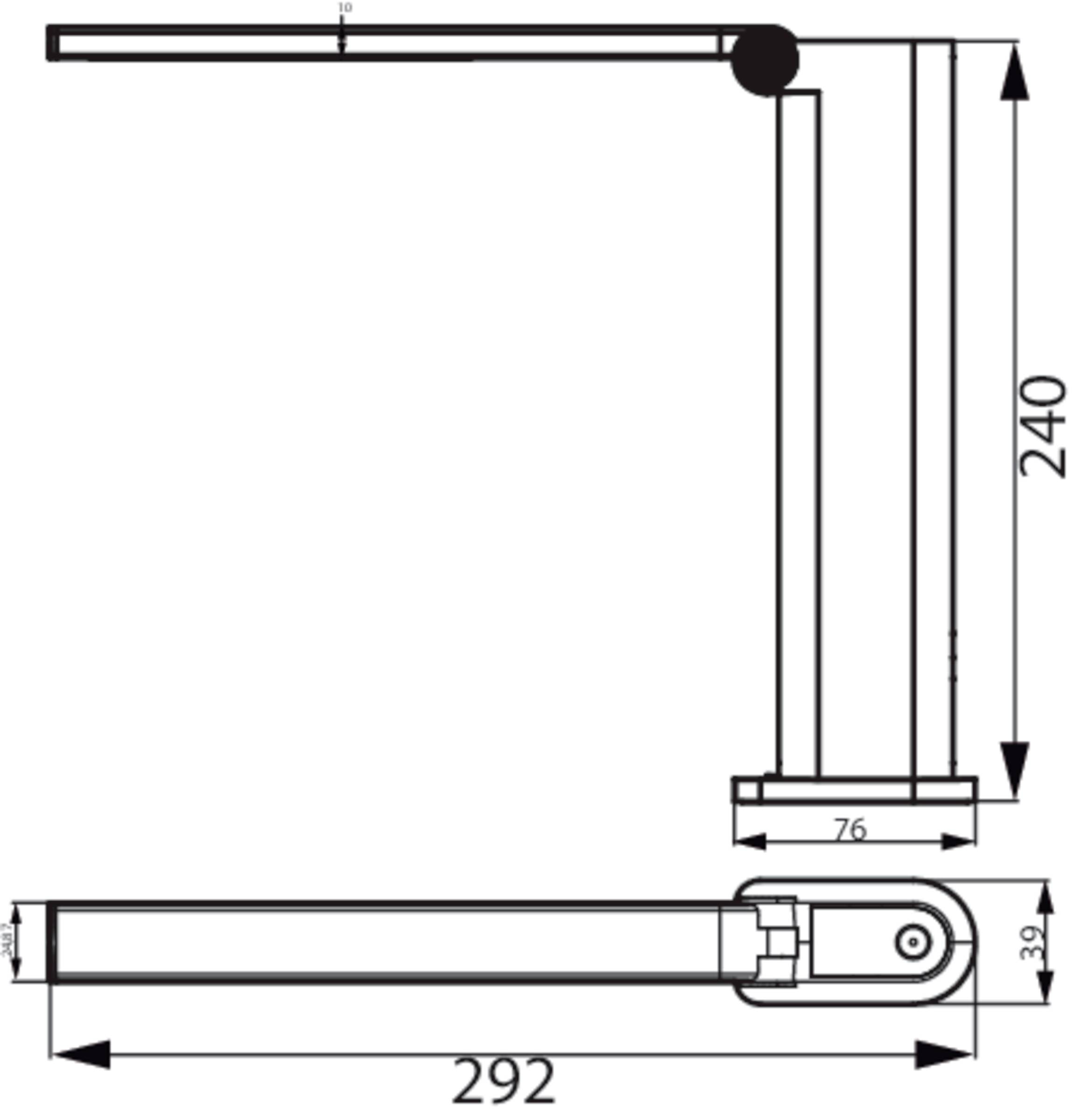 Diagram L-tvaru stolnej lampy s rozmermi: výška 240 mm, šírka 292 mm a šírka podstavca 76 mm.