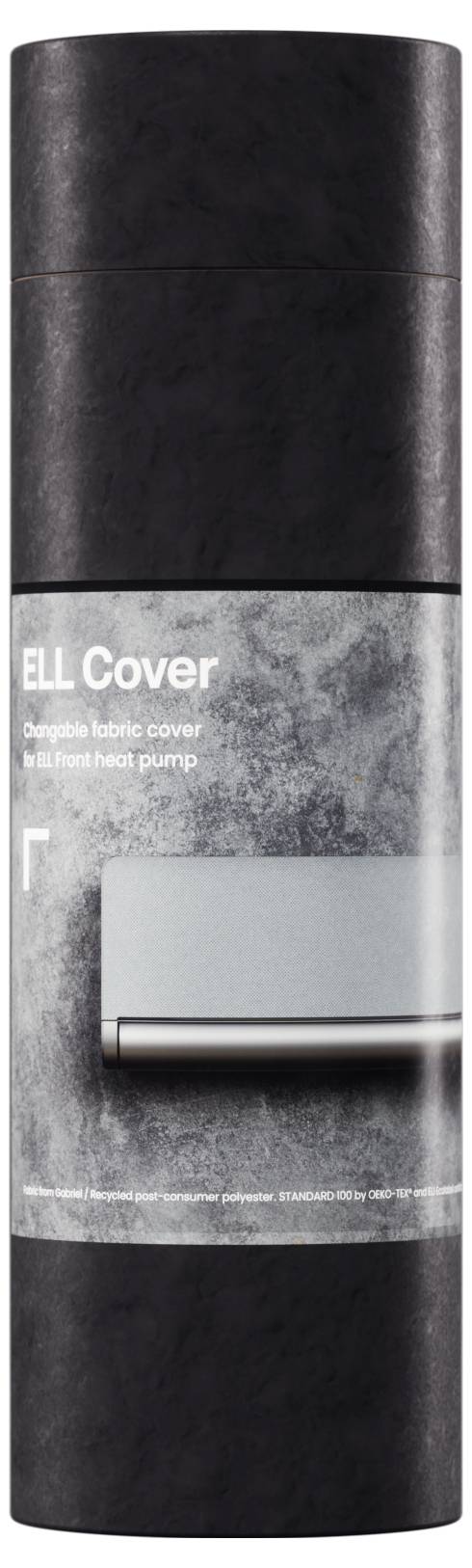 Valcové balenie s nápisom 'ELL Cover'. Obsahuje kryt pre tepelné čerpadlo. Dizajn v tmavosivých tónoch.