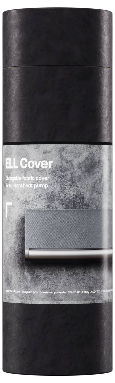 'ELL Cover: Robustné textilné pokrytie pre tepelné čerpadlo' je napísané na čiernom valcovitom kontajneri. Text a obrázok rukoväte na šedo-mramorovanom pozadí.