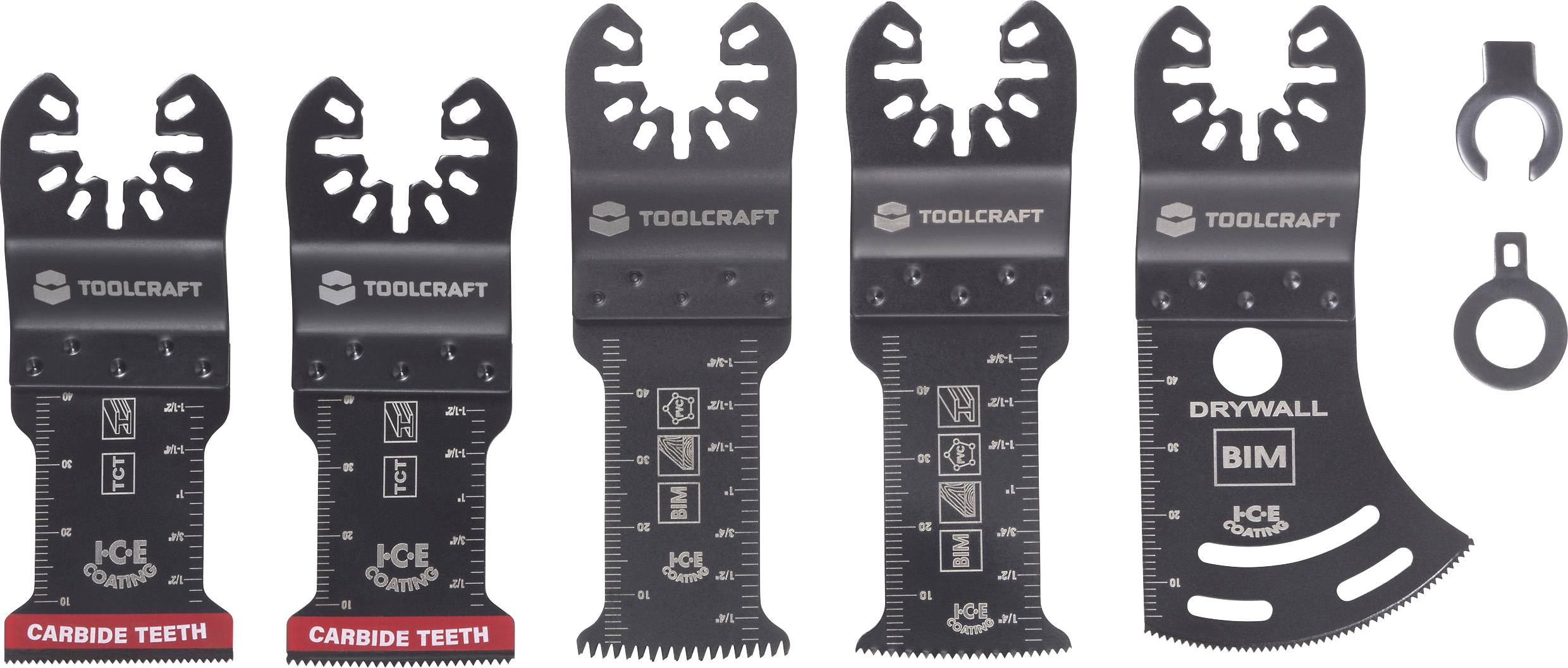 Päť oscilačných multifunkčných kotúčov TOOLCRAFT s karbidovými zubami, určených na rezanie rôznych materiálov. Vrátane meracích značiek.