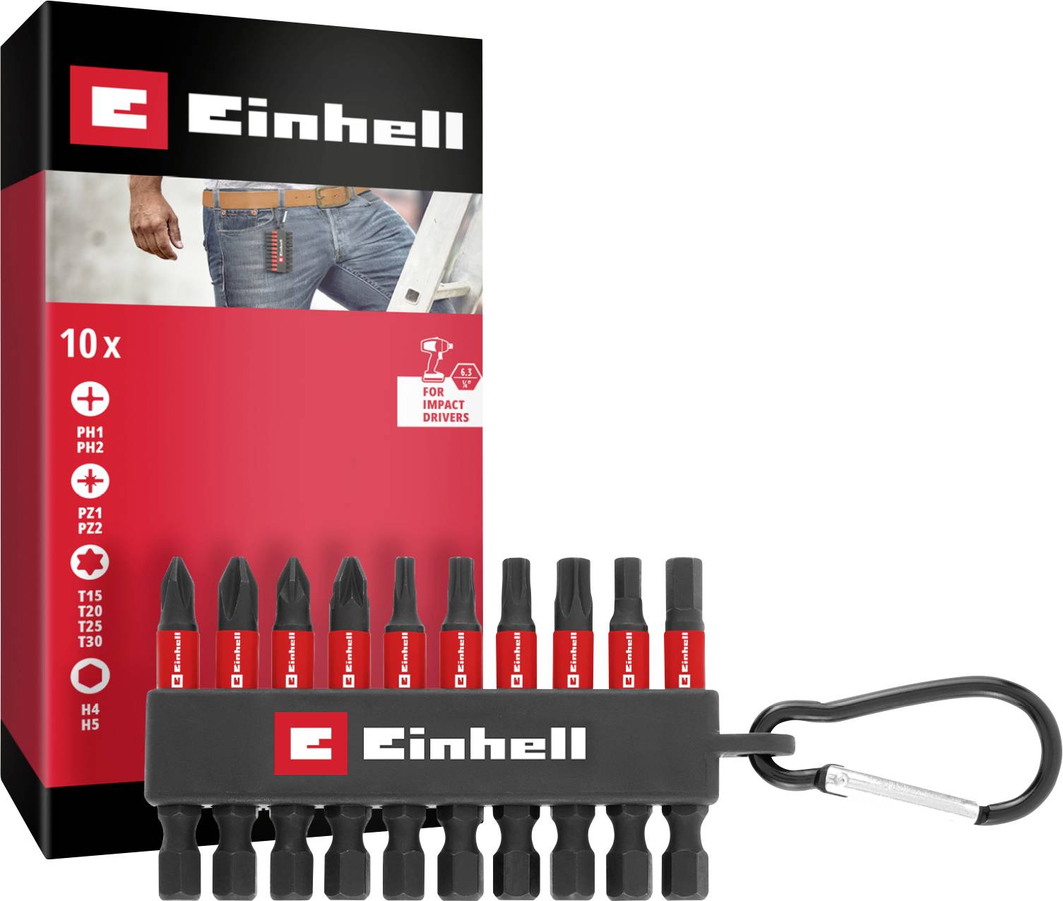 Einhell Karabiner Impact Bit Set 10tlg 118633 Kit inserti 1/4 (6.3 mm), PH, PZ, TORX, Esagonale