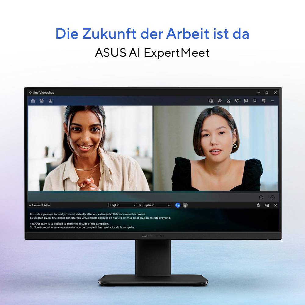 Počítačový monitor zobrazuje videohovor medzi dvomi ľuďmi. Text nad ním znie 'Budúcnosť práce je tu' a 'ASUS AI ExpertMeet'.