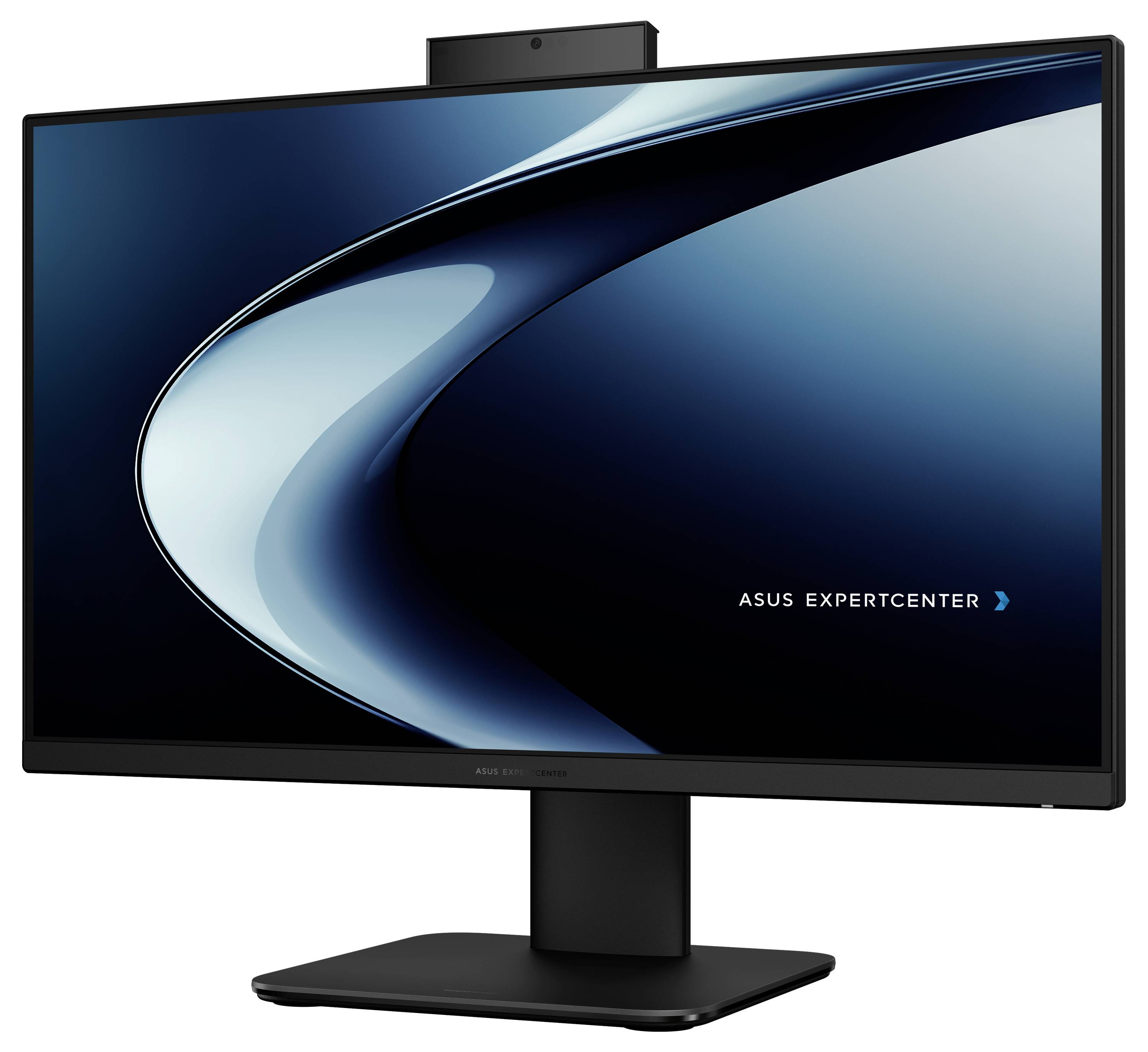 Je zobrazený čierny monitor Asus ExpertCenter s elegantným stojanom a modro-čiernym špirálovitým dizajnom na obrazovke, ktorý prezentuje značku zariadenia.