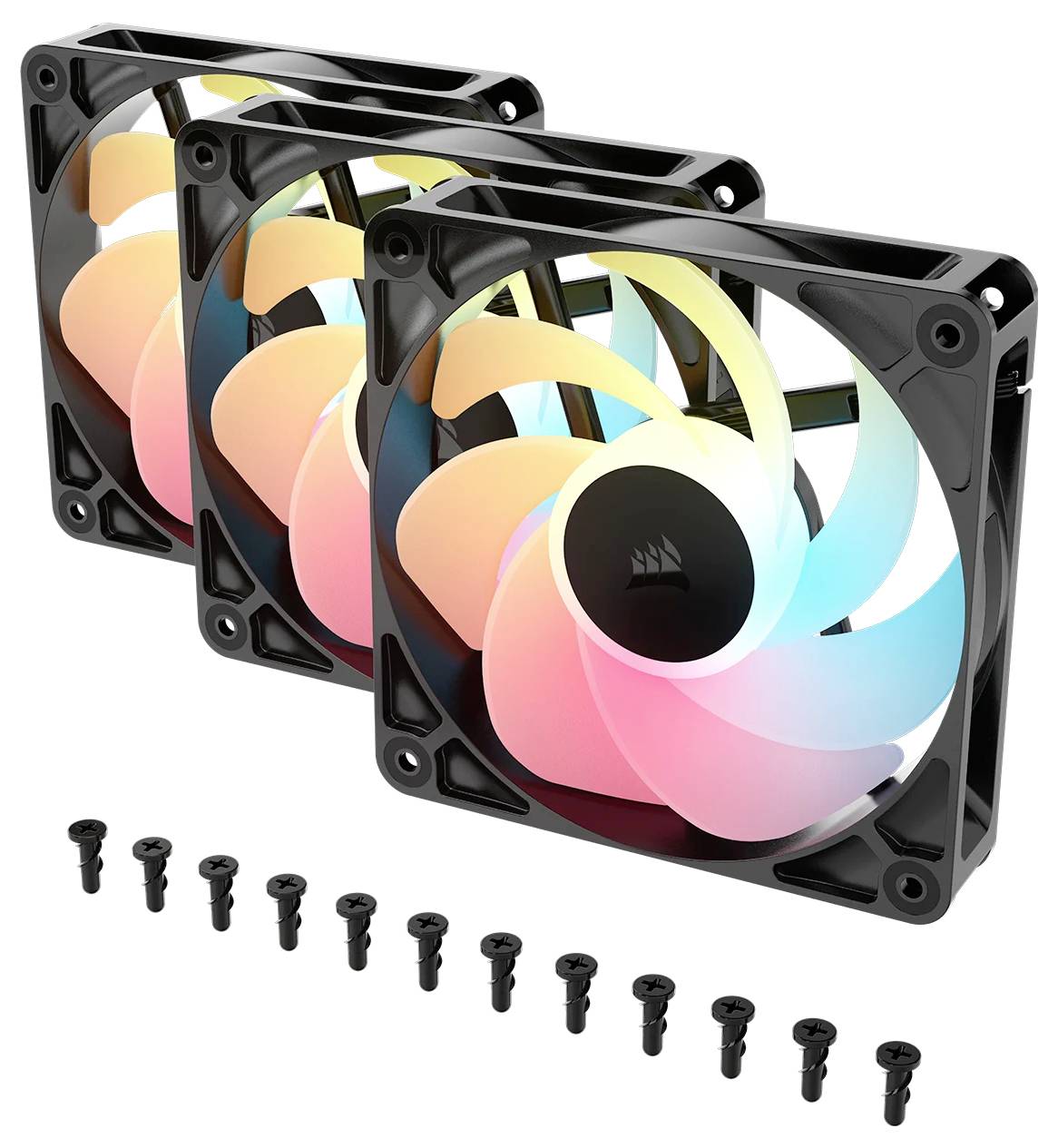 Tri RGB počítačové ventilátory s farebnými LED svetlami, každý s čiernym rámom a kruhovým dizajnom, sprevádzané montážnymi skrutkami.