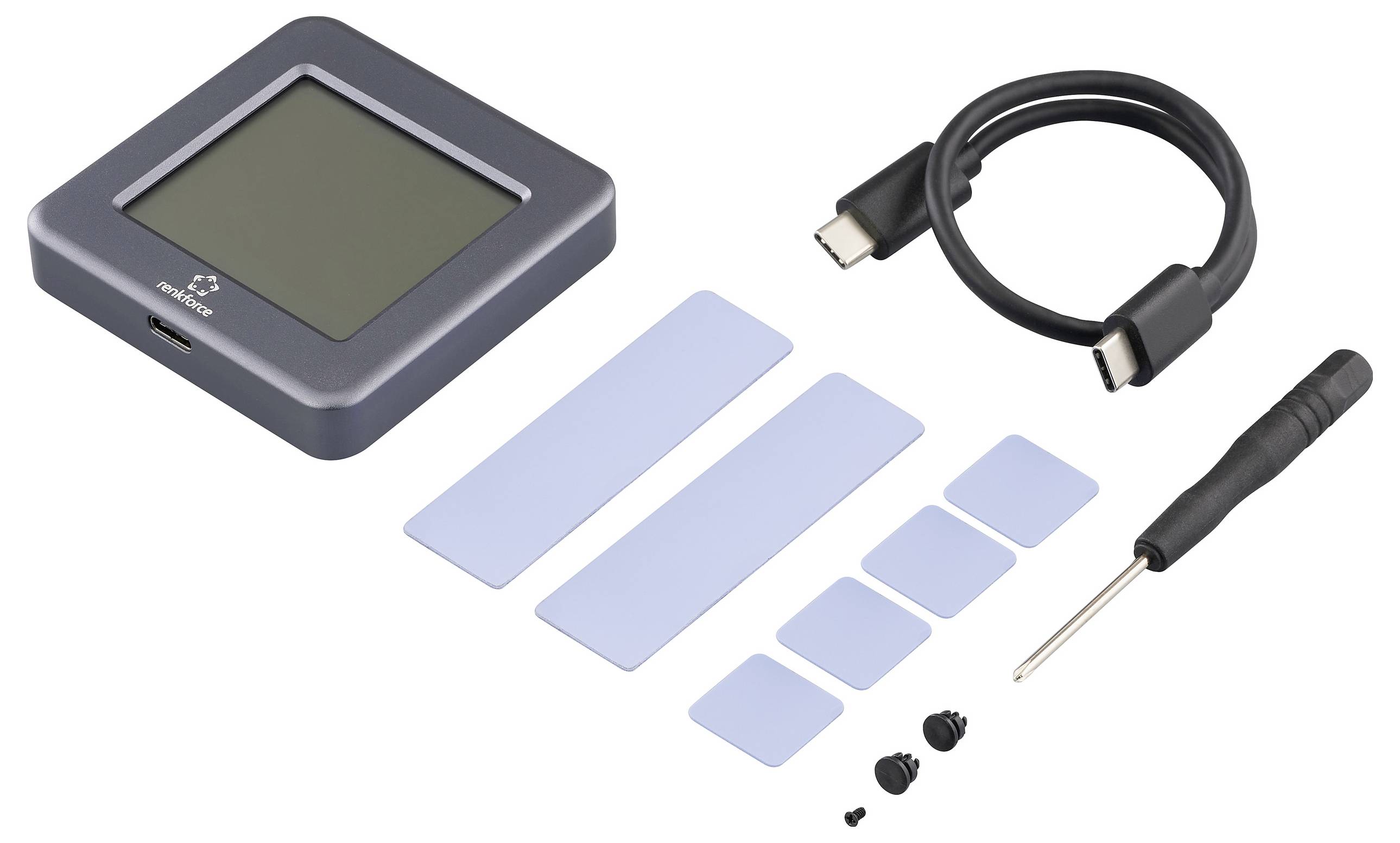 Digitálne zariadenie s displejom, kábel USB-C, modré tepelné podložky, malé skrutky a skrutkovač zobrazujú komponenty pre montáž.