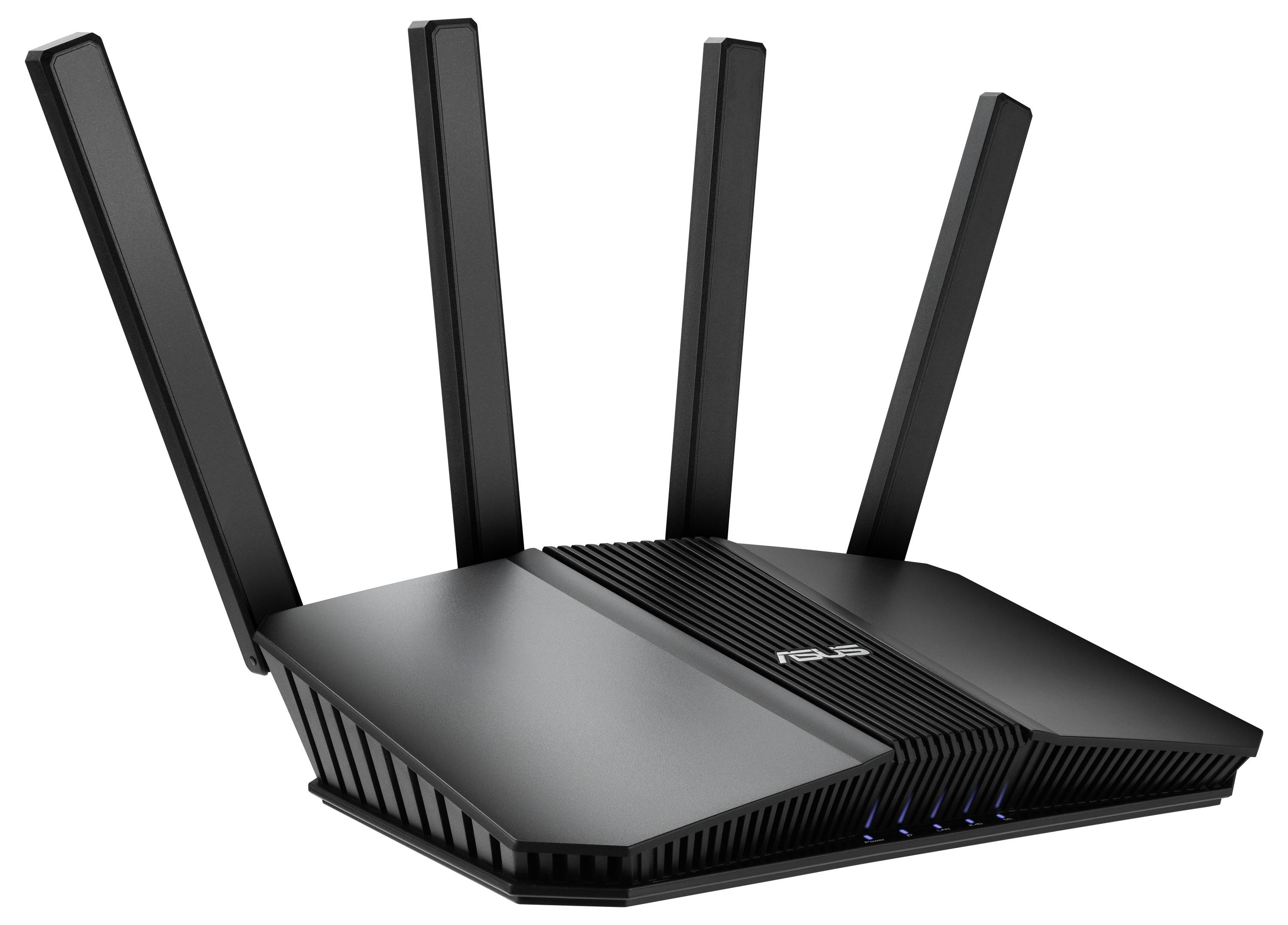Čierny bezdrôtový router so štyrmi anténami s logom spoločnosti 'ASUS'.