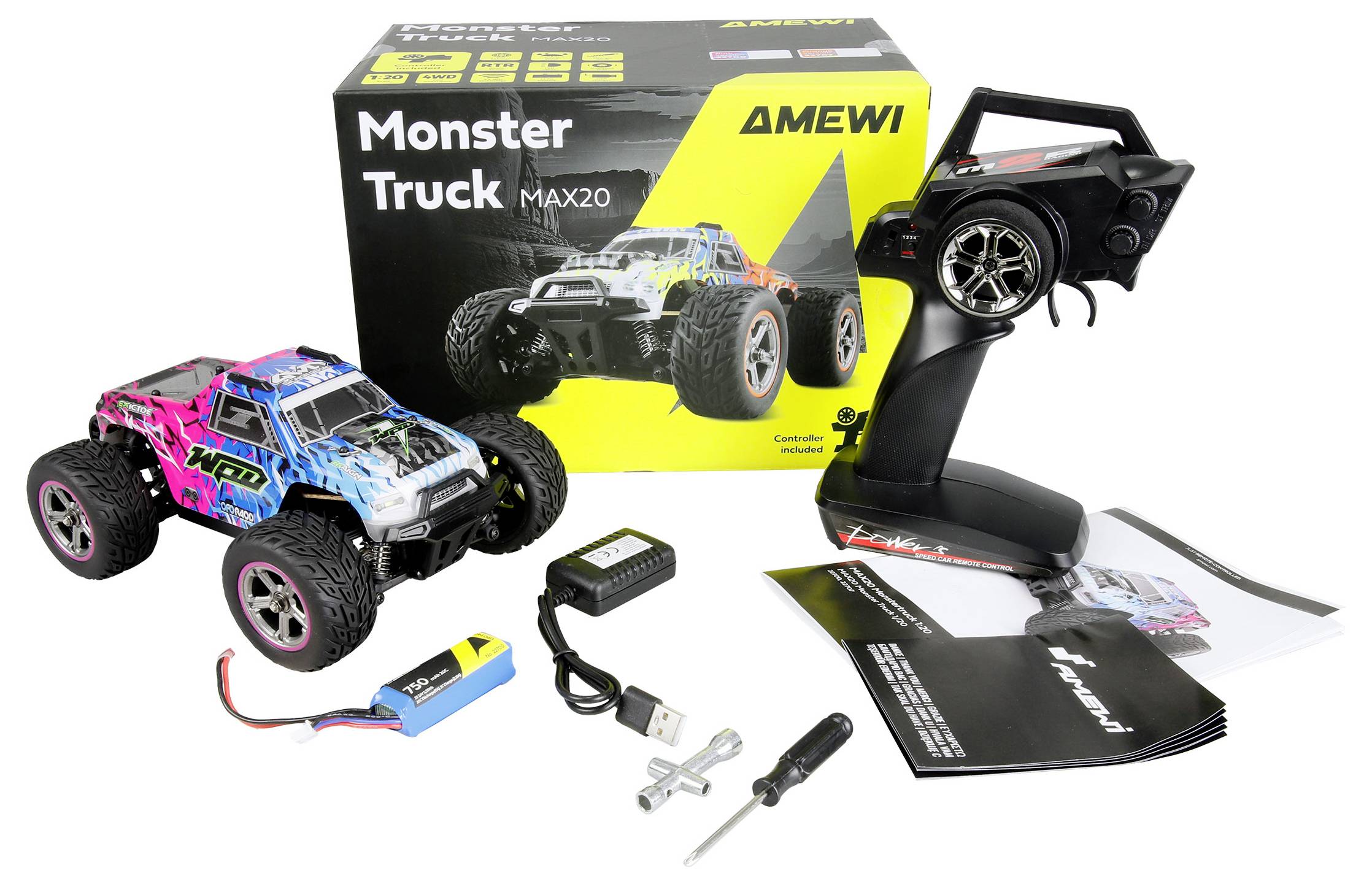 Hračkársky monster truck značky "AMEWI" s diaľkovým ovládaním, nabíjačkou, akumulátorom, skrutkovačom a návodom, umiestnený pred obalom.