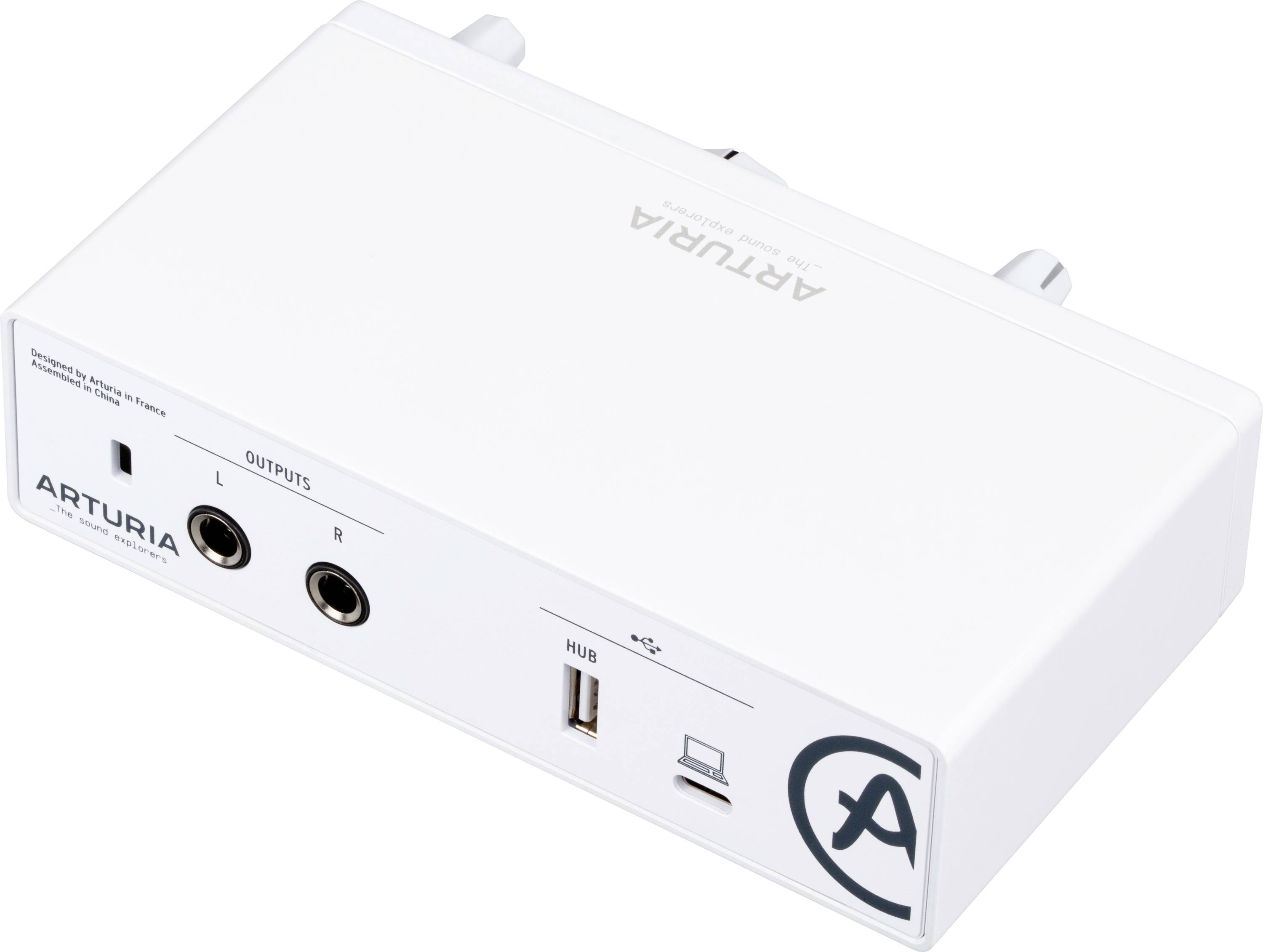 Biele audio rozhranie s dvoma vstupmi a jedným USB pripojením. Logo značky viditeľné na boku, pohľad zhora.