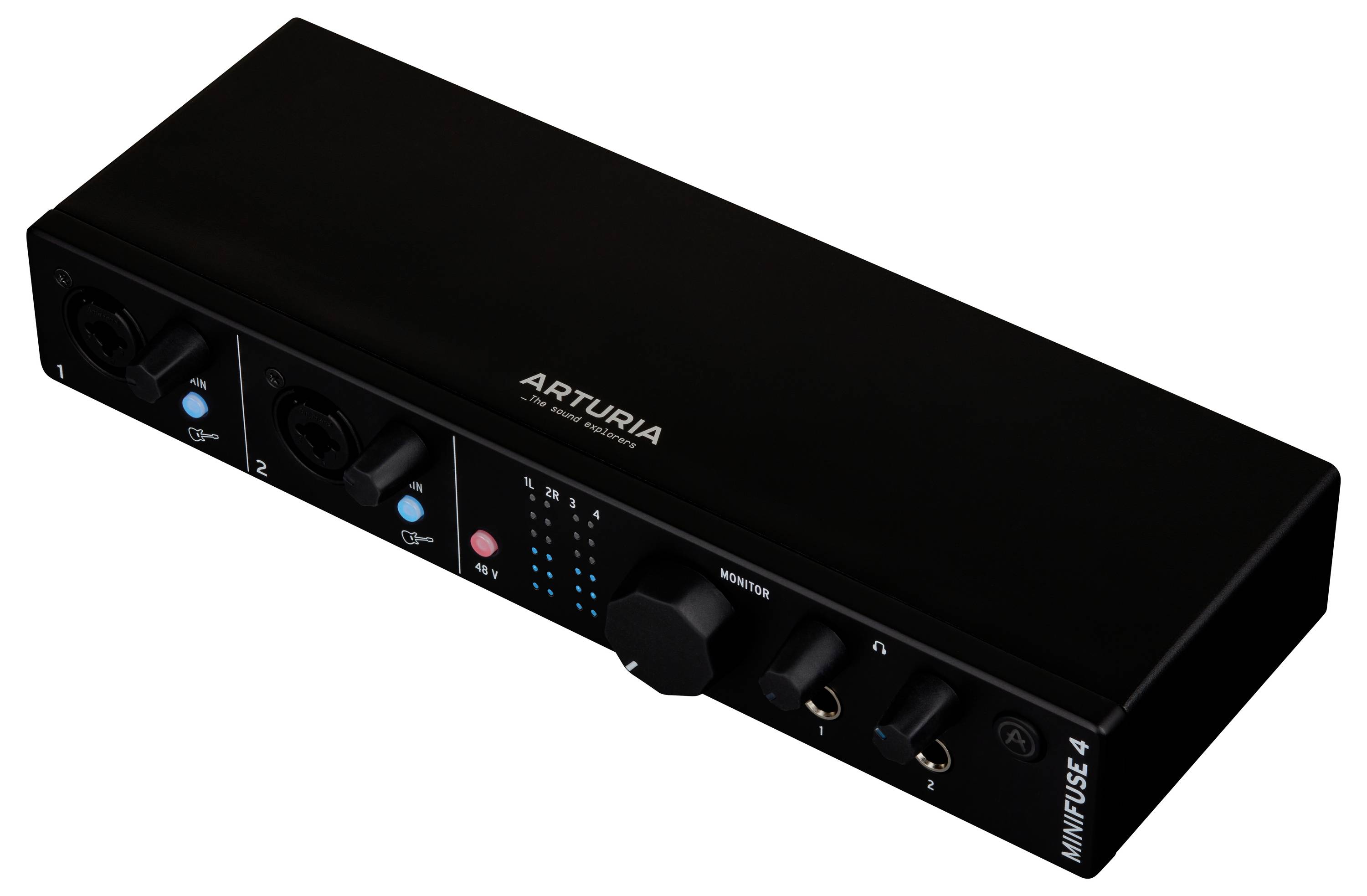 Čierne audio rozhranie s nápisom 'ARTURIA MINIFUSE 4', s viacerými vstupmi a výstupmi ako aj ovládacími gombíkmi.