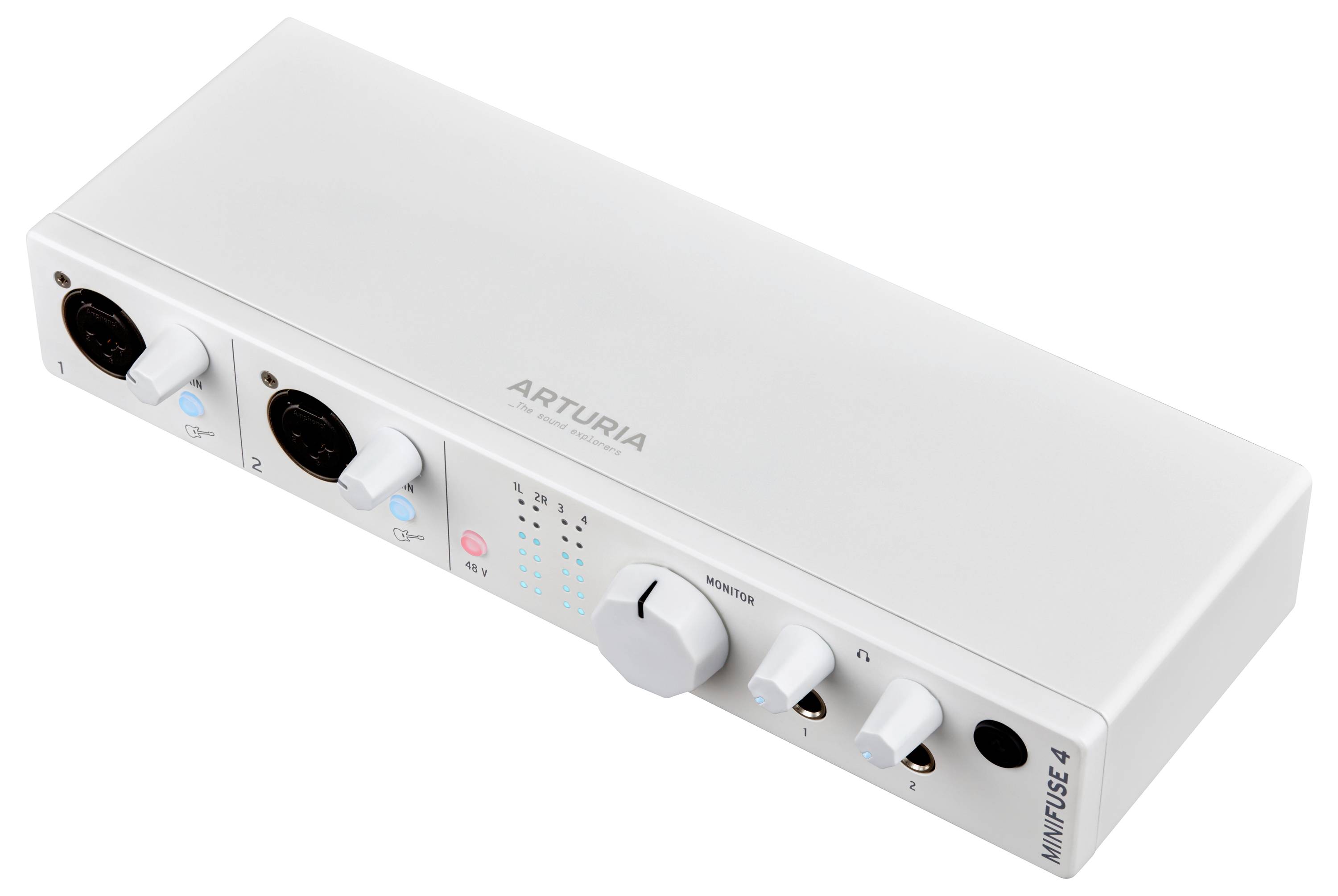 Audio rozhranie s dvoma mikrofónovými vstupmi, rôznymi regulátormi a LED indikátormi, na vrchu označené nápisom 'ARTURIA MINIFUSE 4'.
