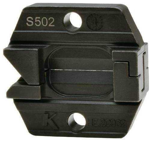 Kovová súčiastka nástroja označená ako 'S502', ktorá má dva veľké otvory a centrálny kruhový otvor, určená pre priemyselné alebo mechanické použitie.