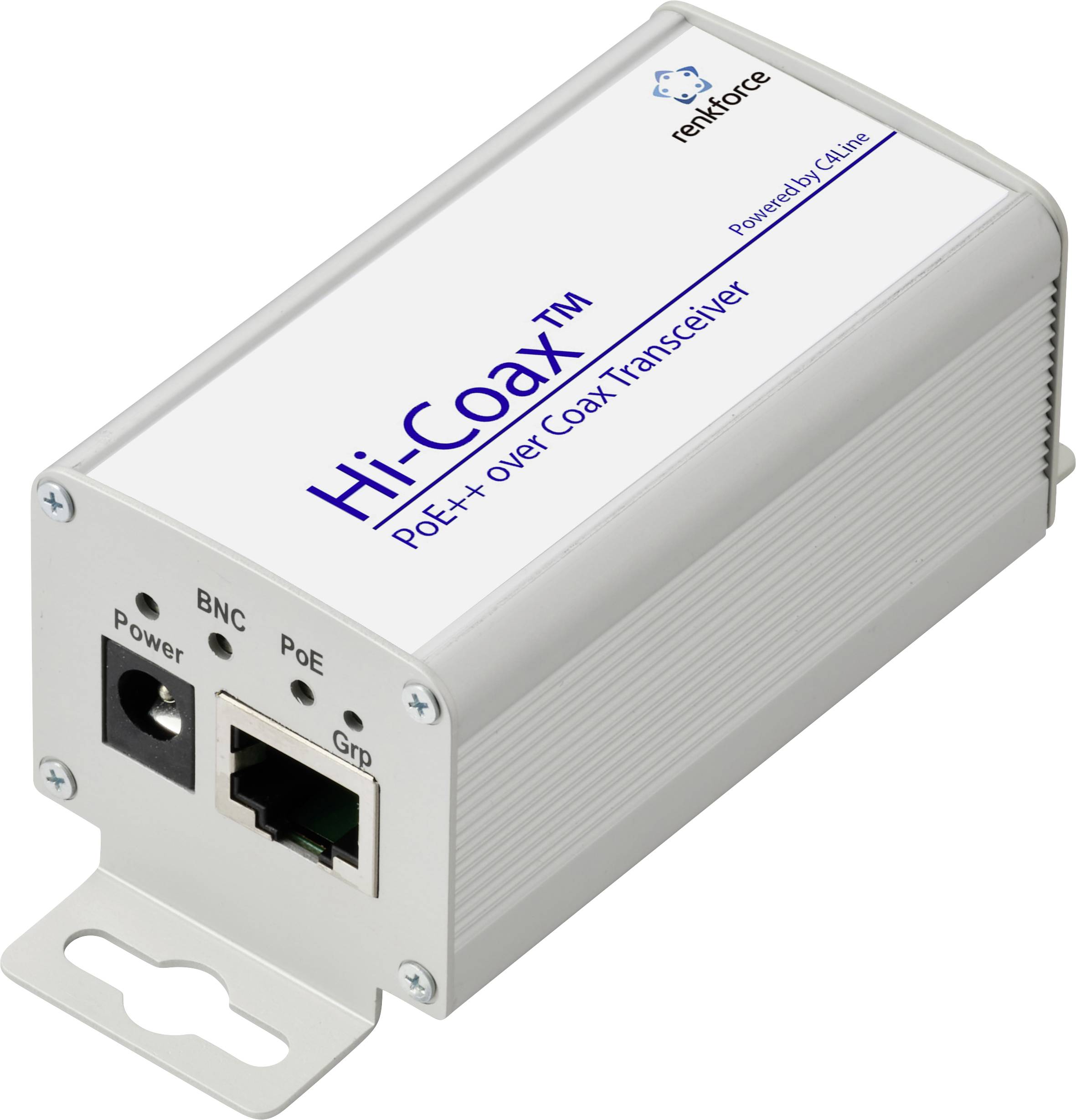 Malé zariadenie v tvare krabičky s označením 'Hi-Coax PoE++ over Coax Transceiver' s portmi pre napájanie, BNC, PoE a uzemnenie.