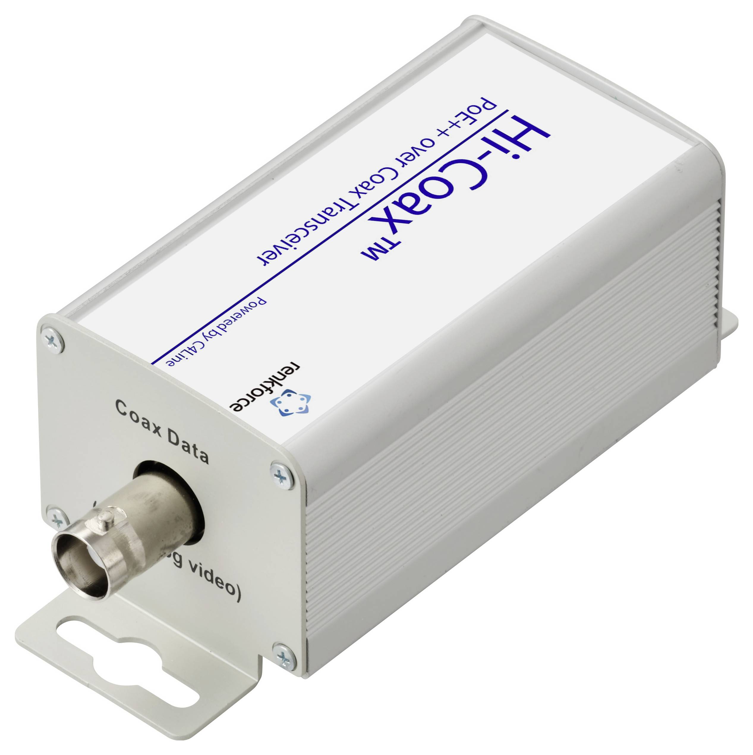 Obdĺžnikové zariadenie označené ako "Hi-Coax PoE++ over Coax Transceiver". Obsahuje koaxiálny port označený ako "Coax Data (BNC, 78Ω Video)" a montážny držiak.