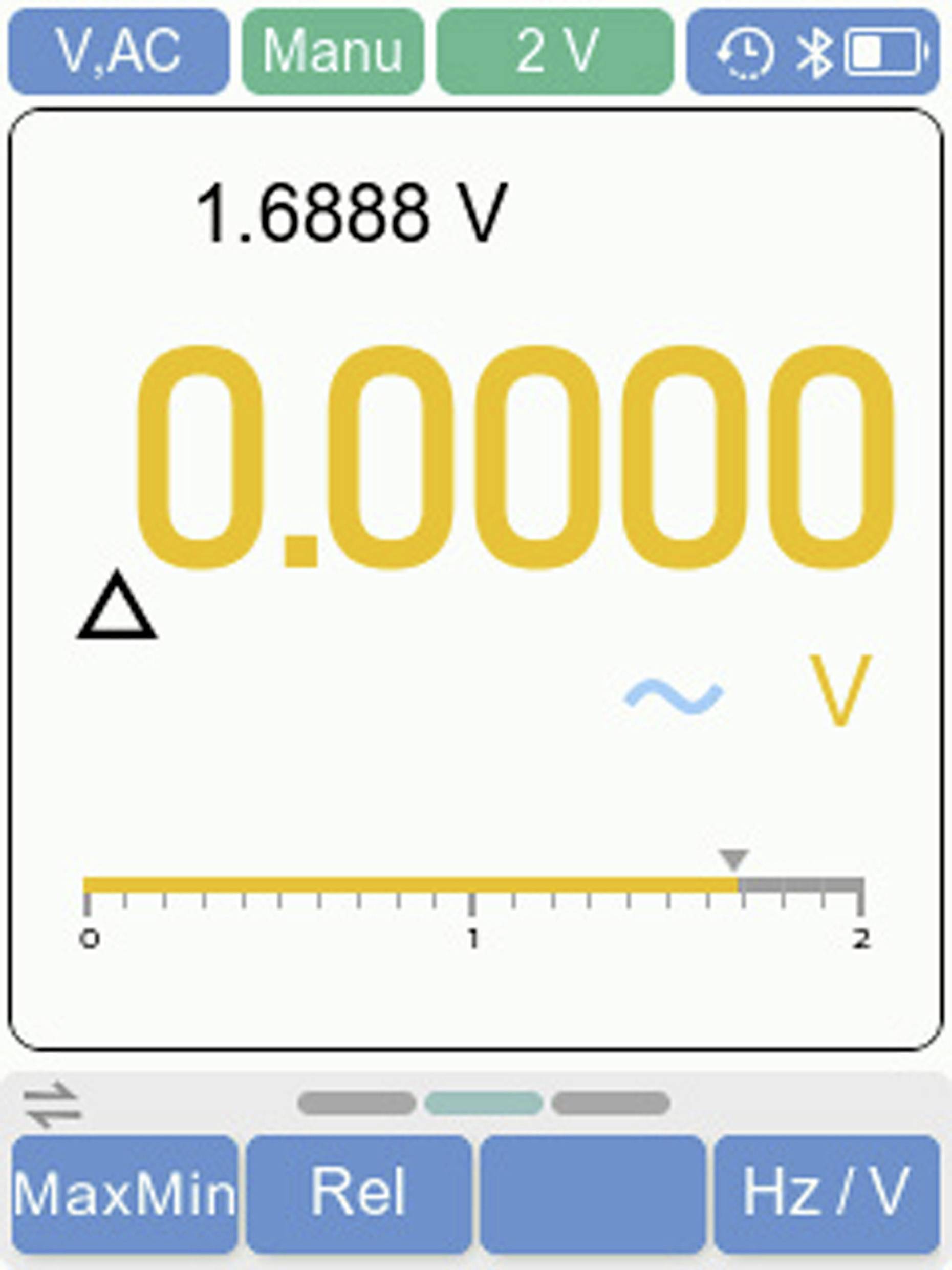 Digitálny multimeter zobrazuje '0,00000 V', nastavený na meranie striedavého napätia v rozsahu 2 V s možnosťami 'MaxMin' a 'Rel'.