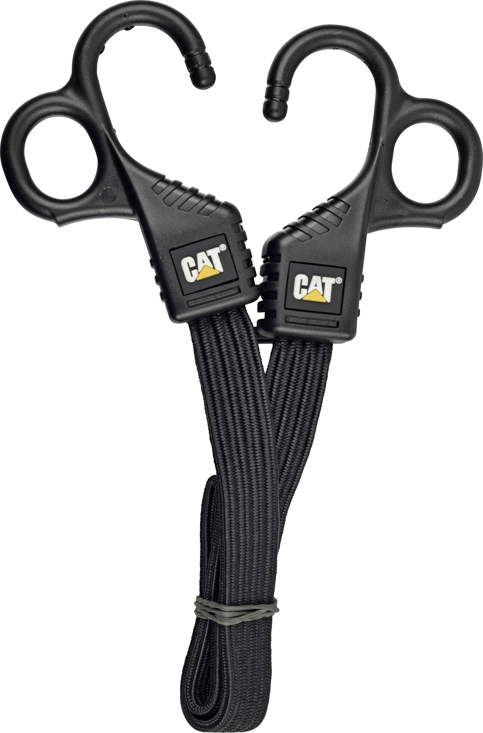 Dva čierne bungee šnúry s háčikmi a logom 'CAT' na každom konektore, zabezpečené plastovou sponou.
