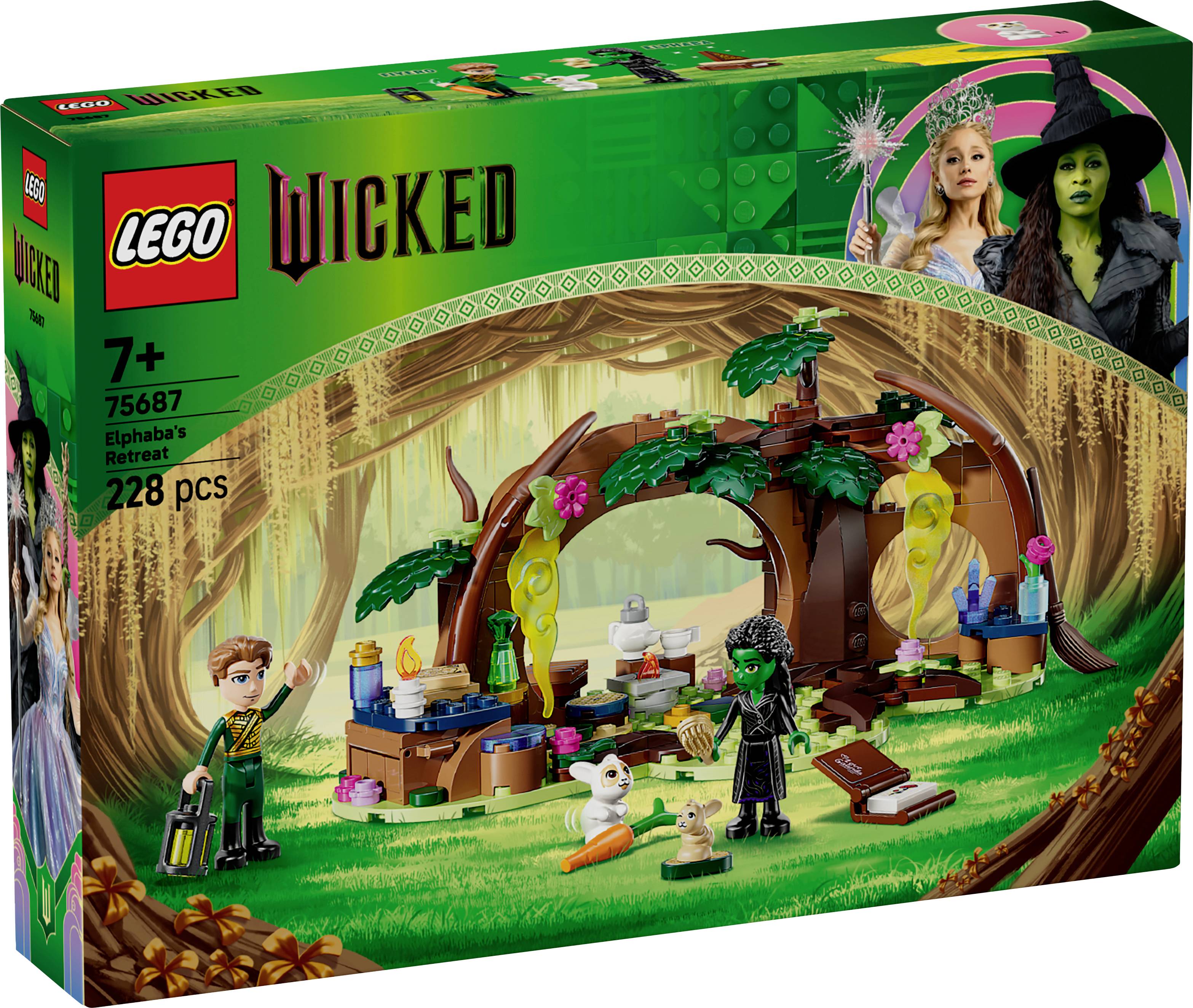 LEGO Wickedová sada s názvom Elphinin úkryt vrátane postáv, mystickej lesnej scény a 228 dielikov, odporúčaná pre deti od 7 rokov.